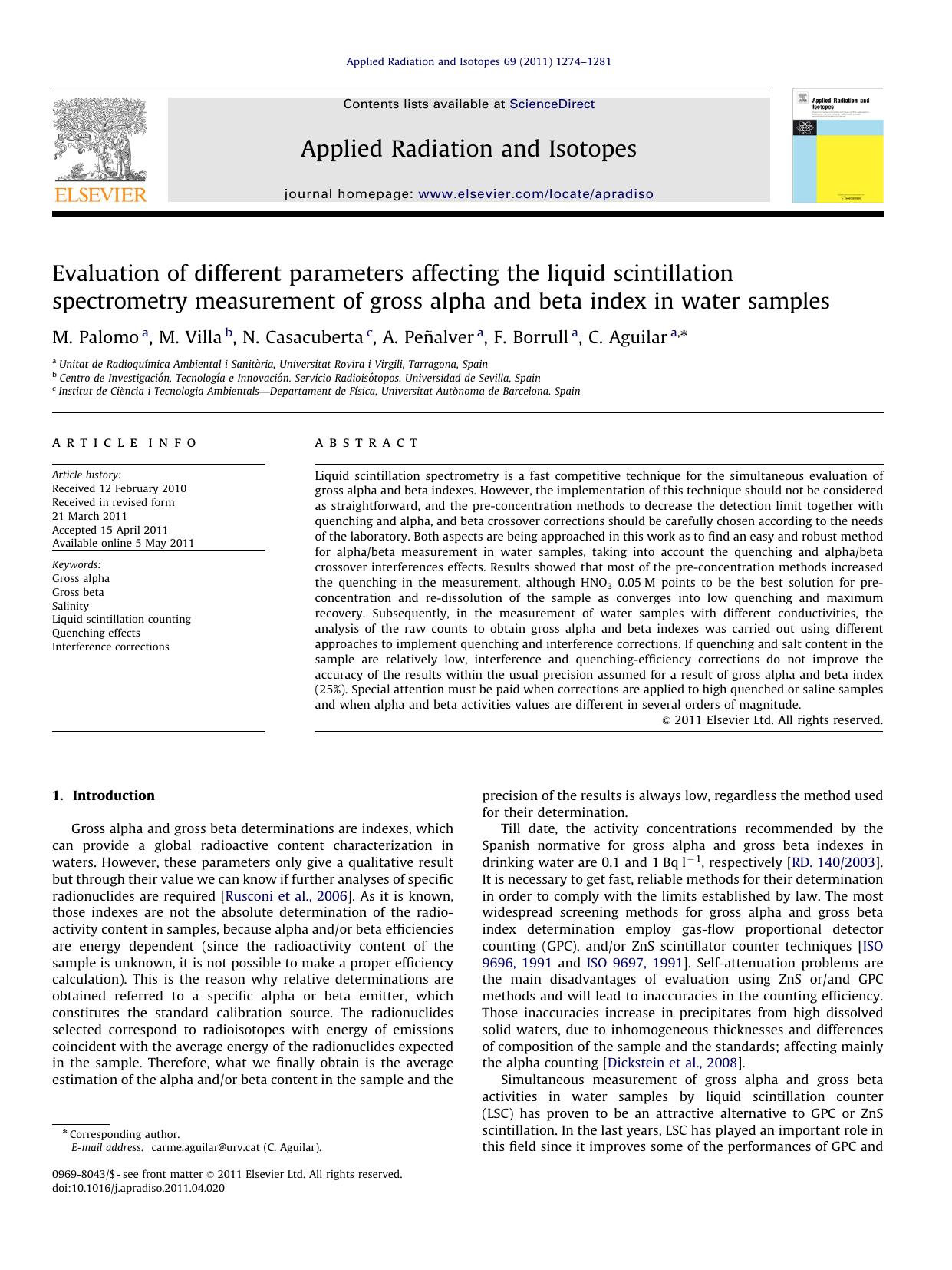 Evaluation of different parameters affecting the liquid scintillation spectrometry measurement of gross alpha and beta index in water samples by M. Palomo & M. Villa & N. Casacuberta & A. Peñalver & F. Borrull & C. Aguilar
