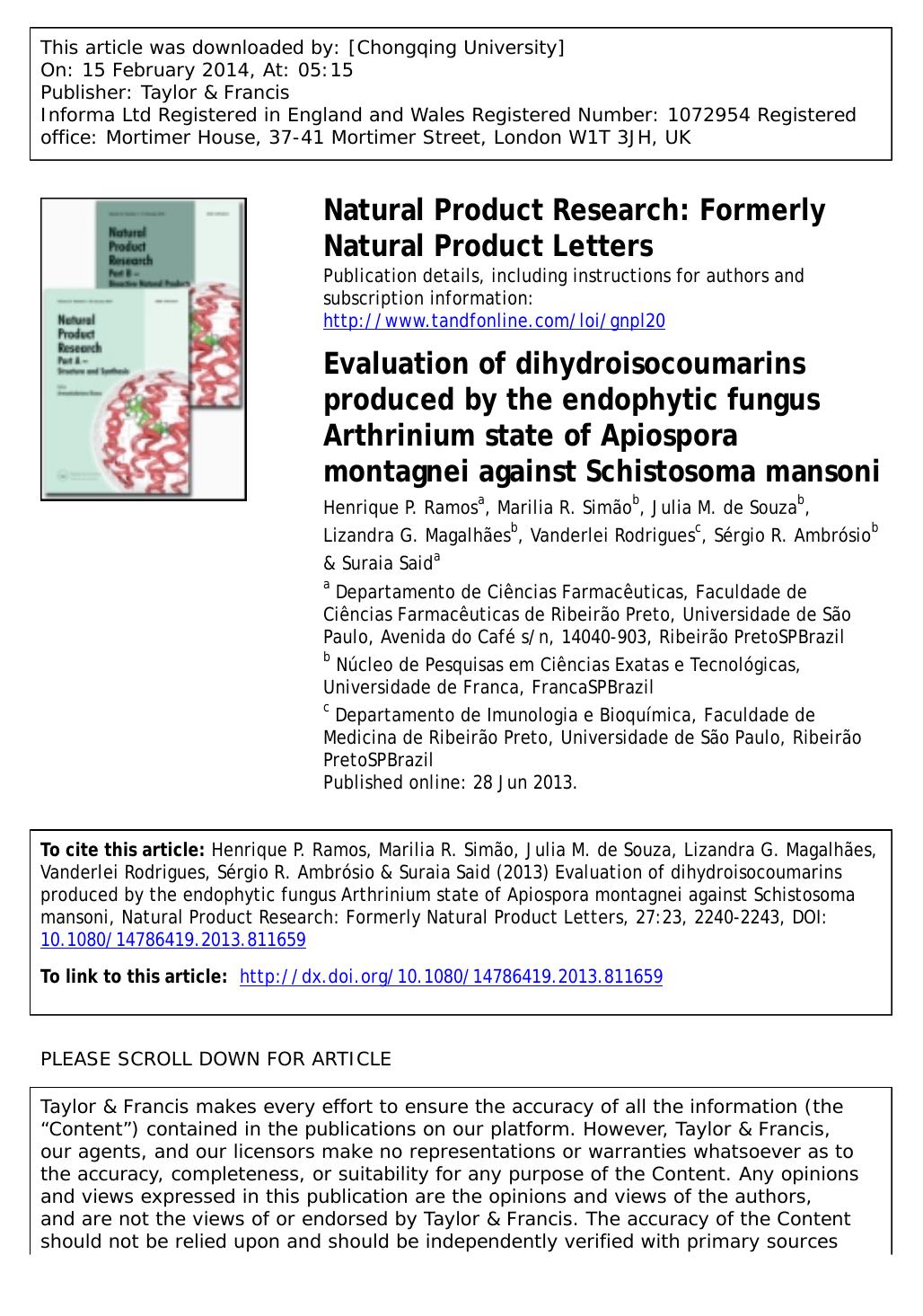 Evaluation of dihydroisocoumarins produced by the endophytic fungus Arthrinium state of Apiospora montagnei against Schistosoma mansoni by unknow