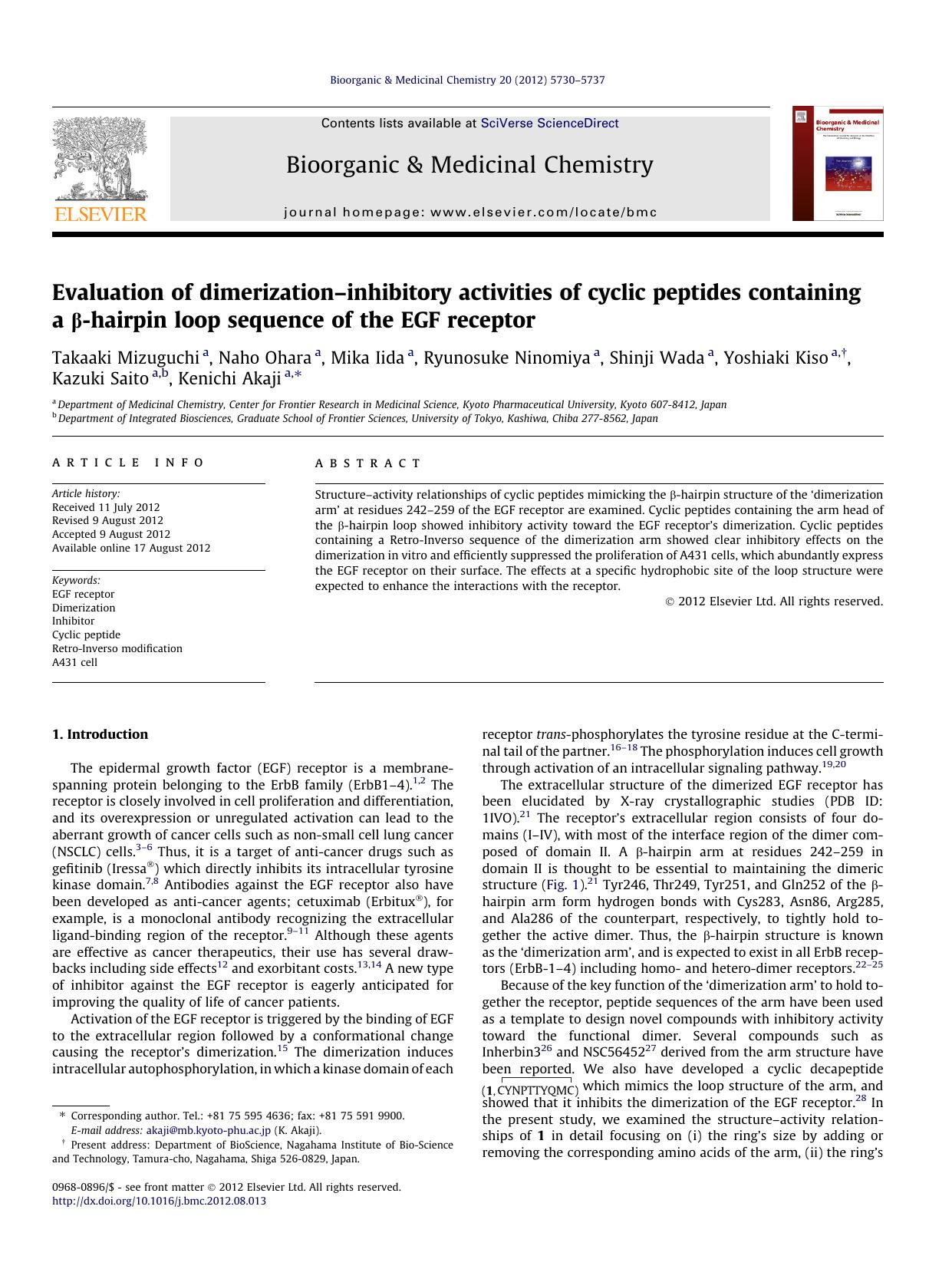 Evaluation of dimerizationÃ¢â¬âinhibitory activities of cyclic peptides containing a ÃÂ²-hairpin loop sequence of the EGF receptor by unknow