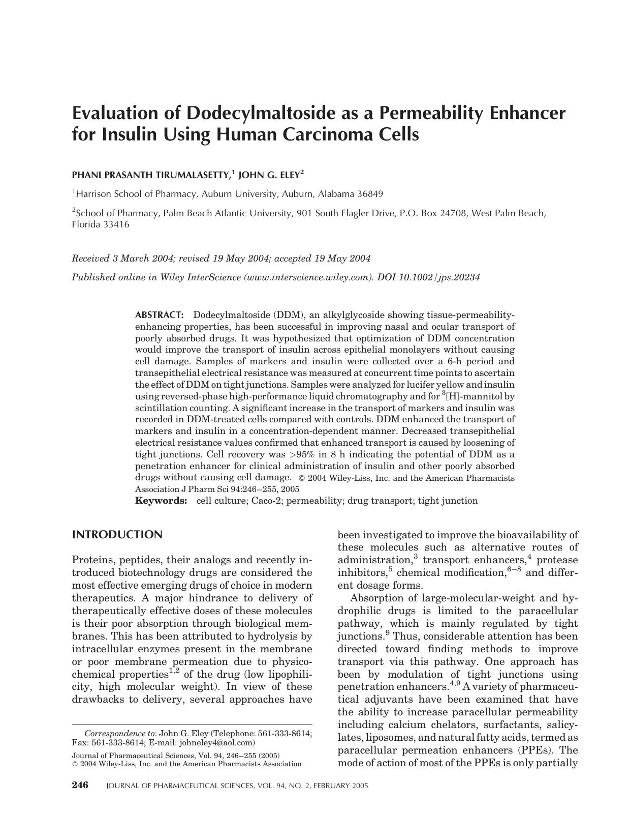 Evaluation of dodecylmaltoside as a permeability enhancer for insulin using human carcinoma cells by Unknown
