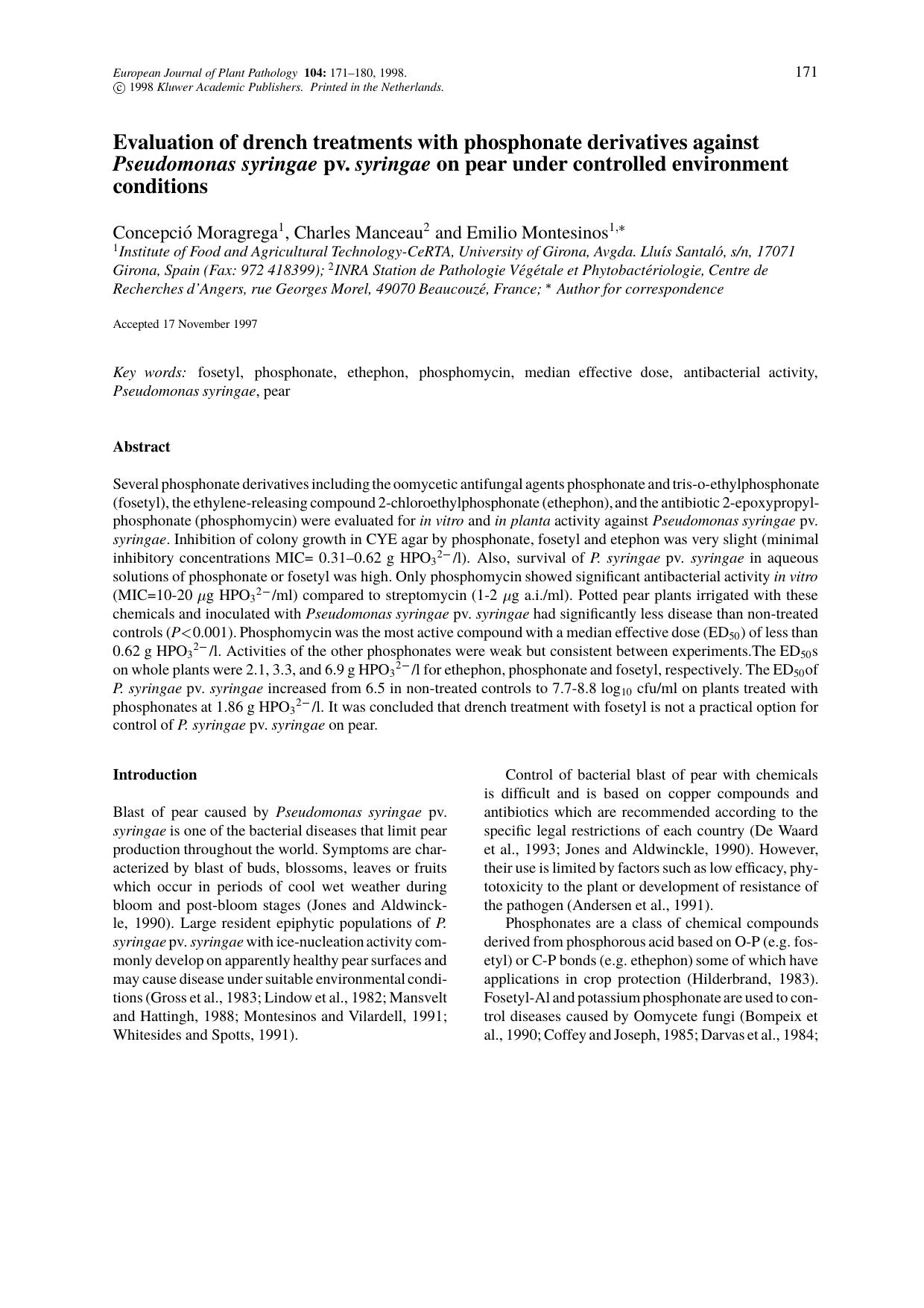 Evaluation of drench treatments with phosphonate derivatives against Pseudomonas syringae pv. syringae on pear under controlled environment conditions by Unknown