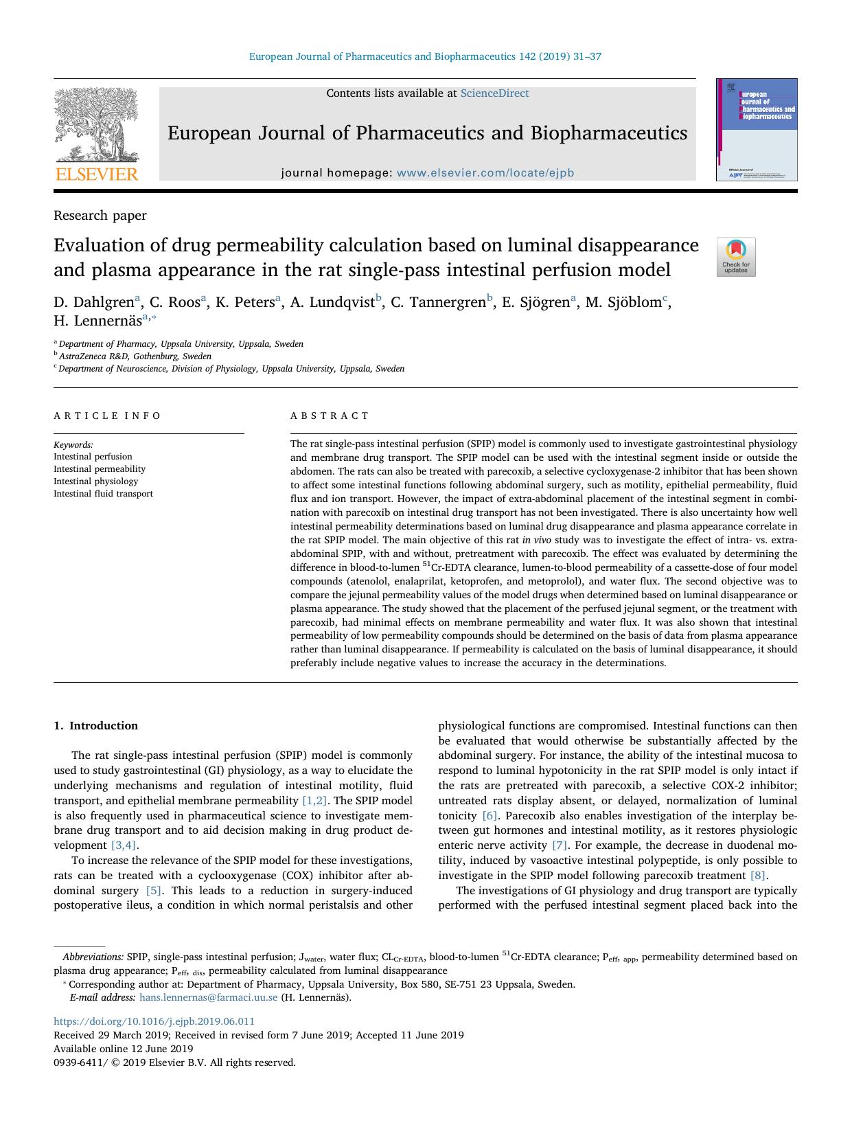 Evaluation of drug permeability calculation based on luminal disappearance and plasma appearance in the rat single-pass intestinal perfusion model by unknow