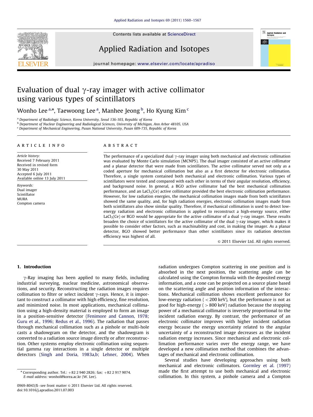 Evaluation of dual Î³-ray imager with active collimator using various types of scintillators by Wonho Lee & Taewoong Lee & Manhee Jeong & Ho Kyung Kim