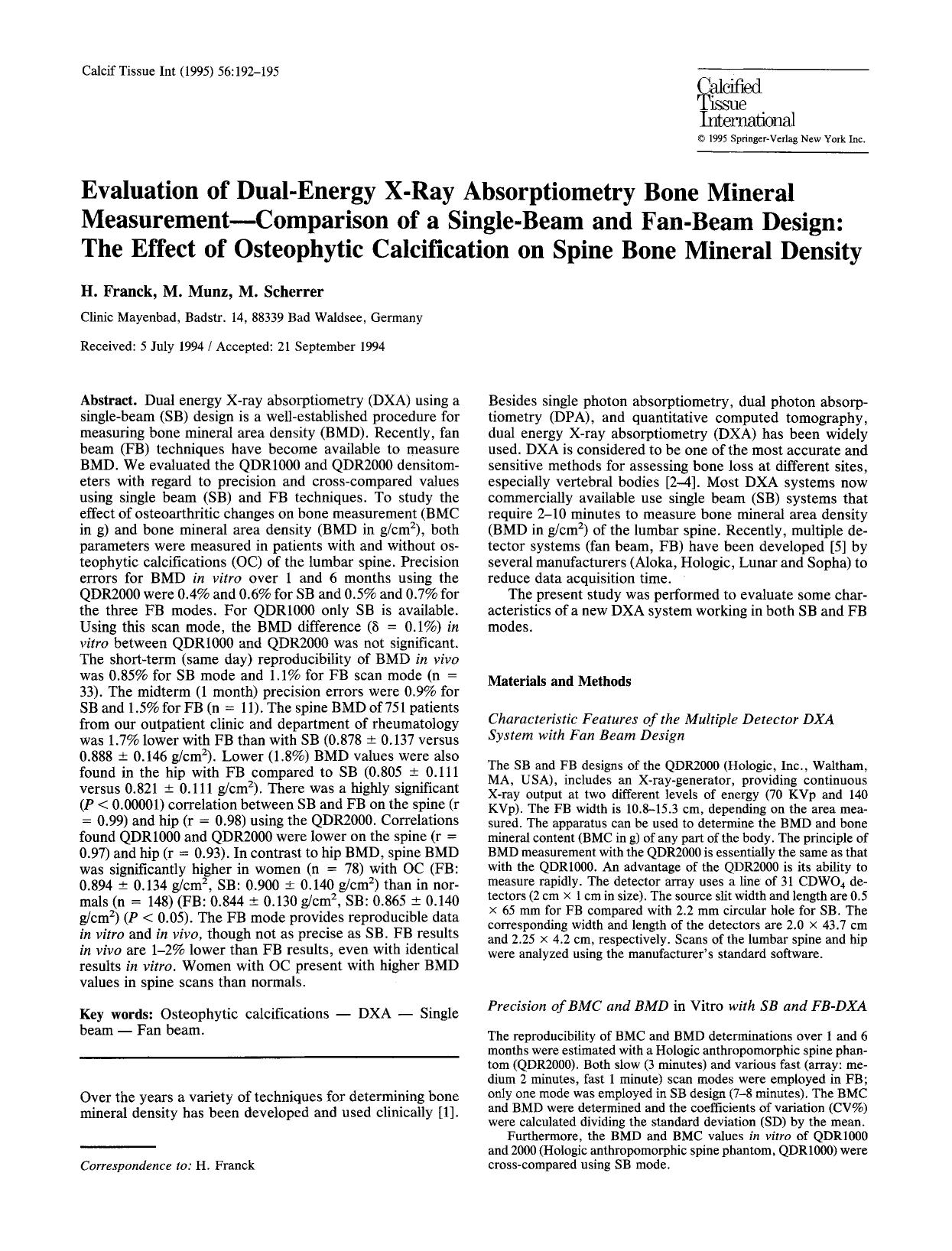 Evaluation of dual-energy X-ray absorptiometry bone mineral measurement&#x2014;comparison of a single-beam and fan-beam design: The effect of osteophytic calcification on spine bone mineral density by Unknown