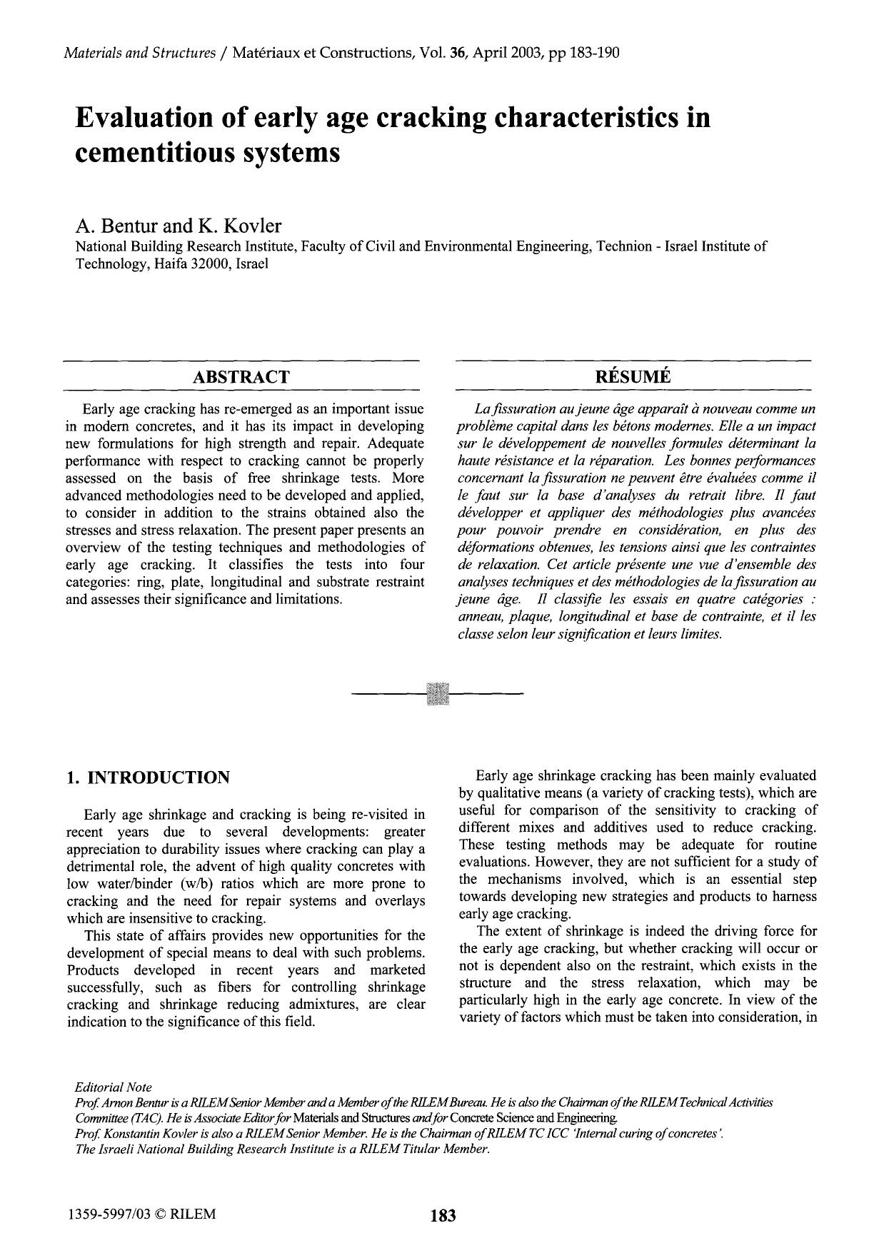 Evaluation of early age cracking characteristics in cementitious systems by Unknown