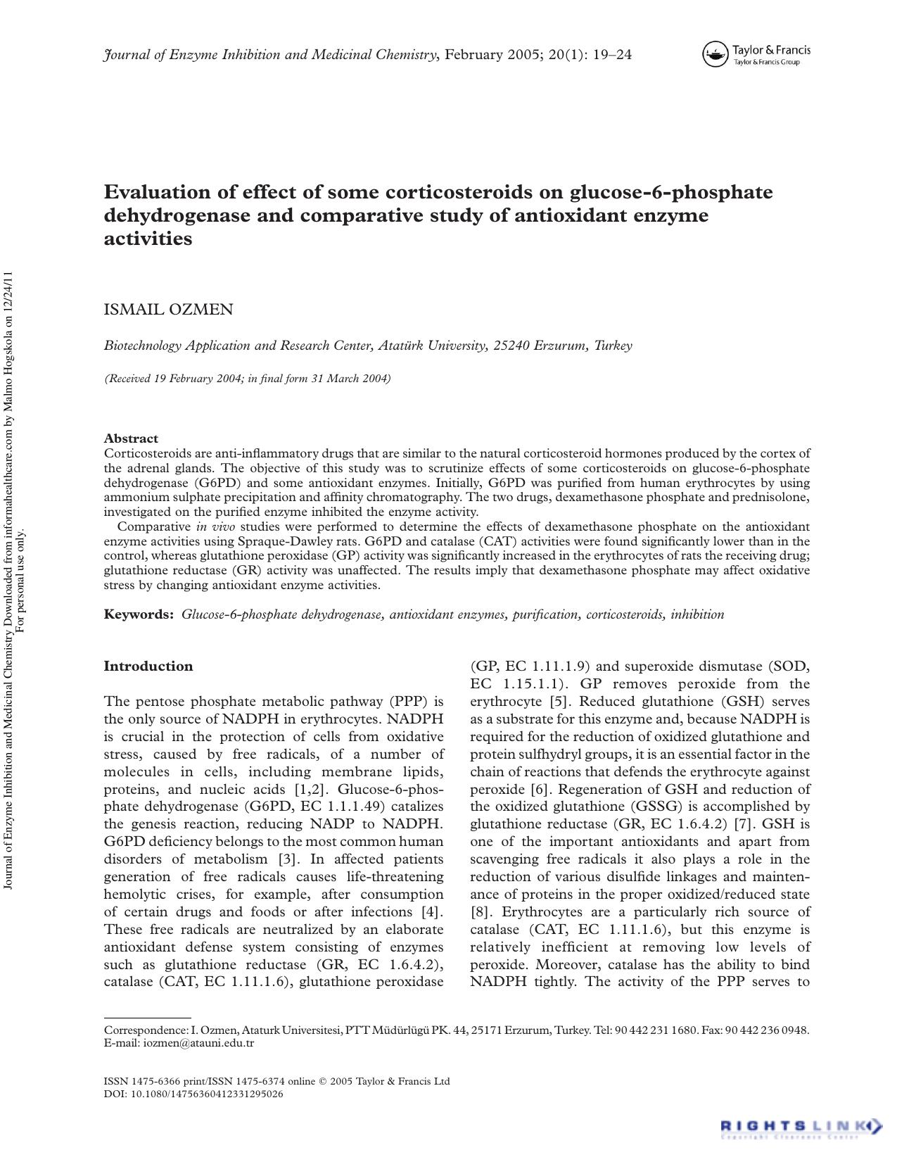 Evaluation of effect of some corticosteroids on glucose-6-phosphate dehydrogenase and comparative study of antioxidant enzyme activities by Ismail Ozmen