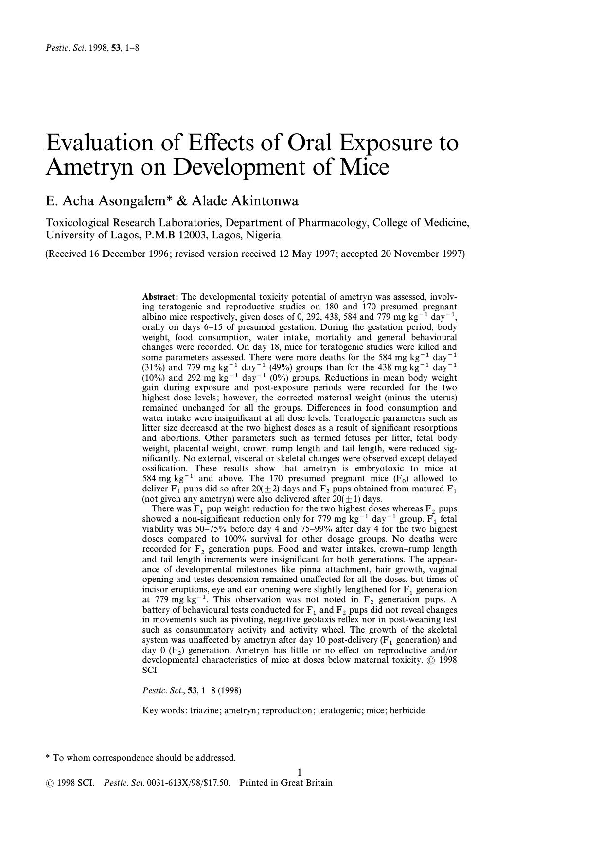 Evaluation of effects of oral exposure to ametryn on development of mice by Acha Asongalem Akintonwa