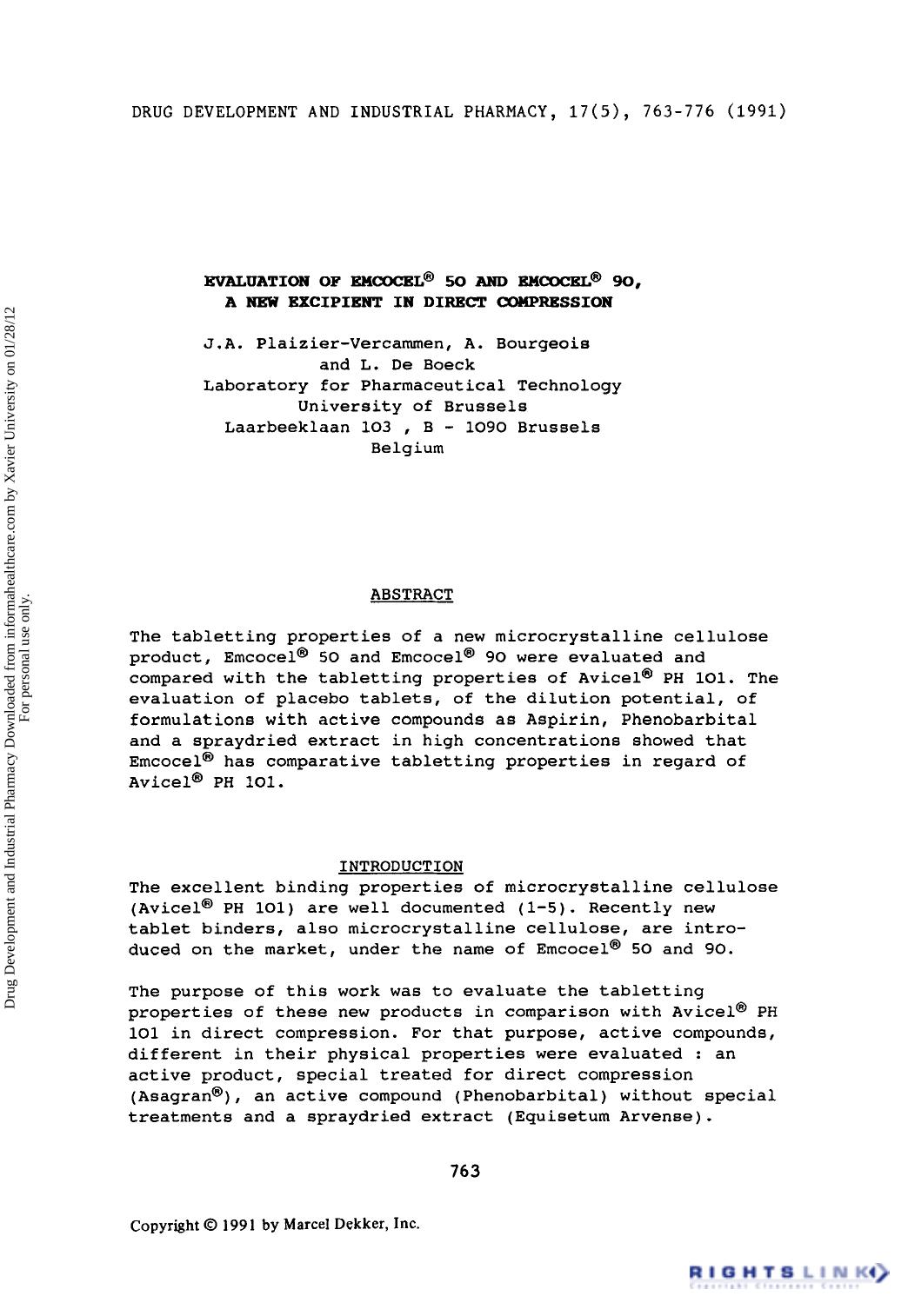 Evaluation of emcocelÂ® 50 and emcocelÂ® 90, a new excipient in direct compression by J. A. Plaizier-Vercammen A. Bourgeois & L. De Boeck