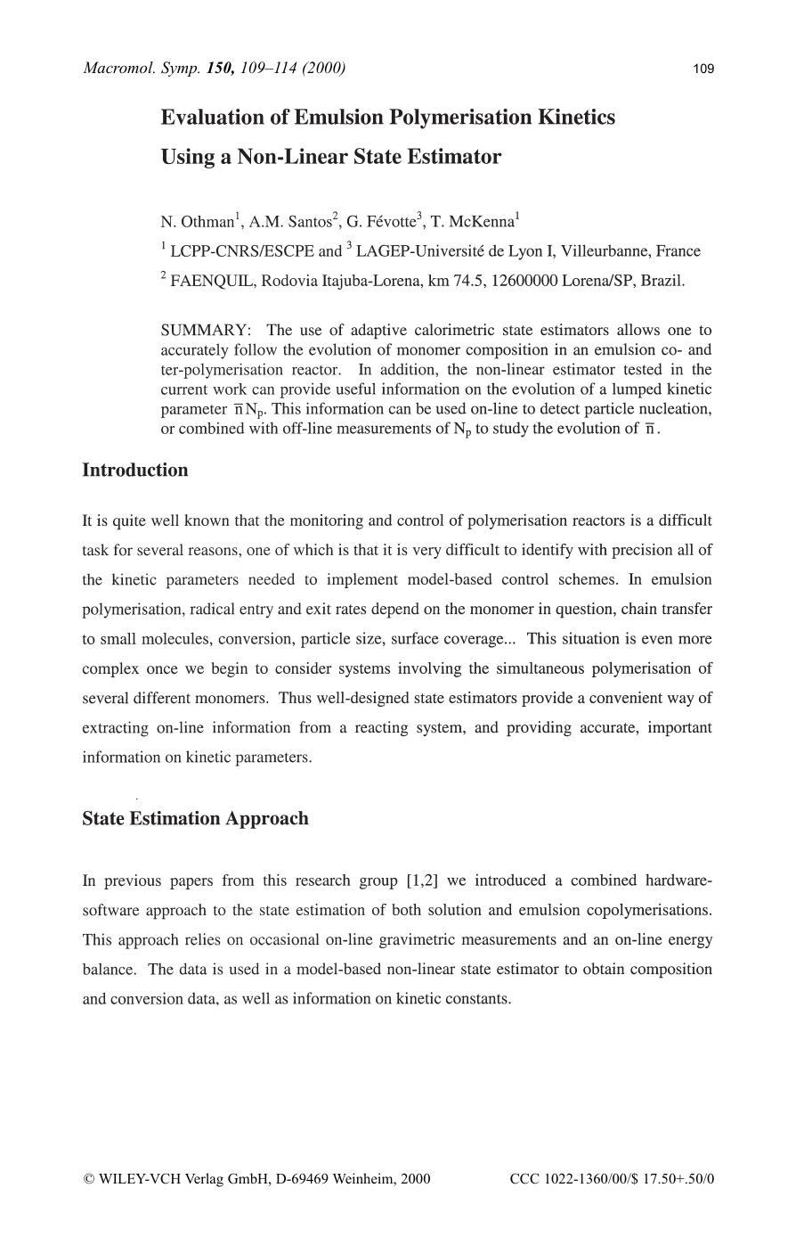 Evaluation of emulsion polymerisation kinetics using a non-linear state estimator by SOD