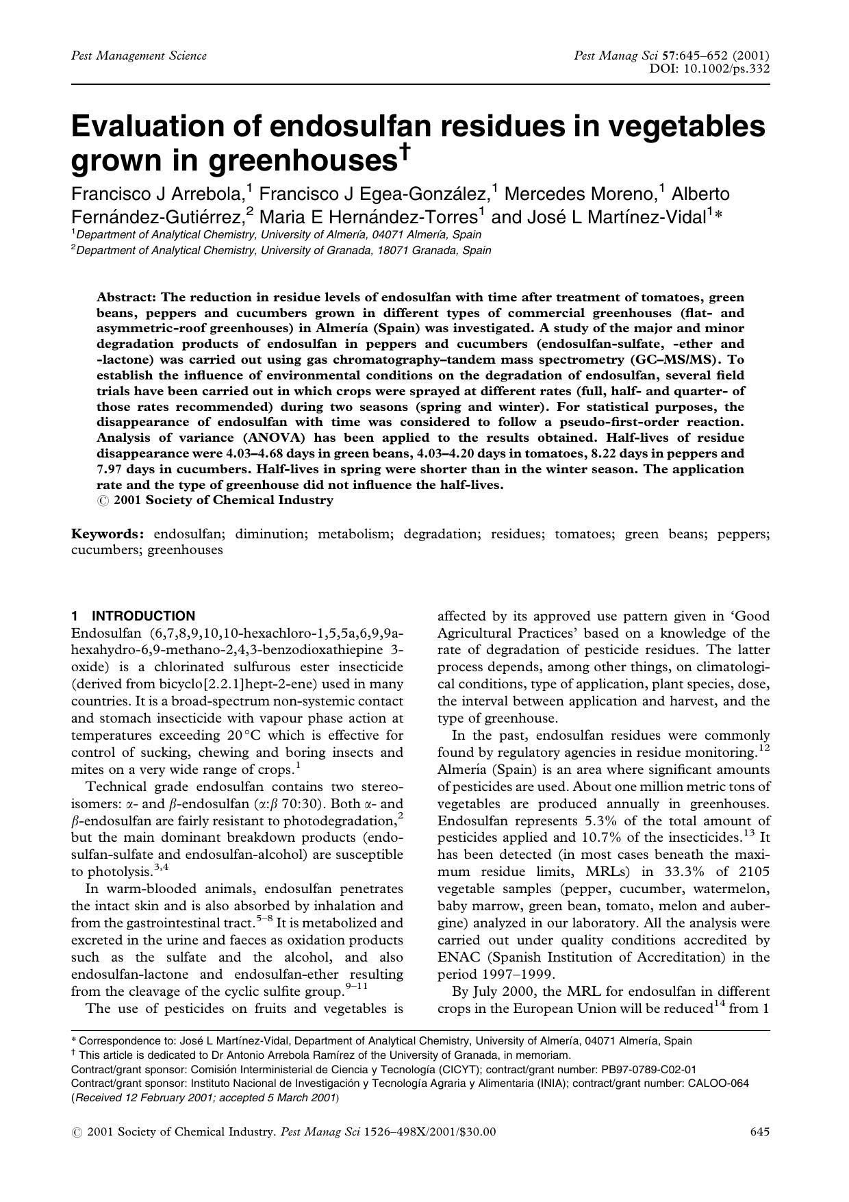 Evaluation of endosulfan residues in vegetables grown in greenhouses by Unknown