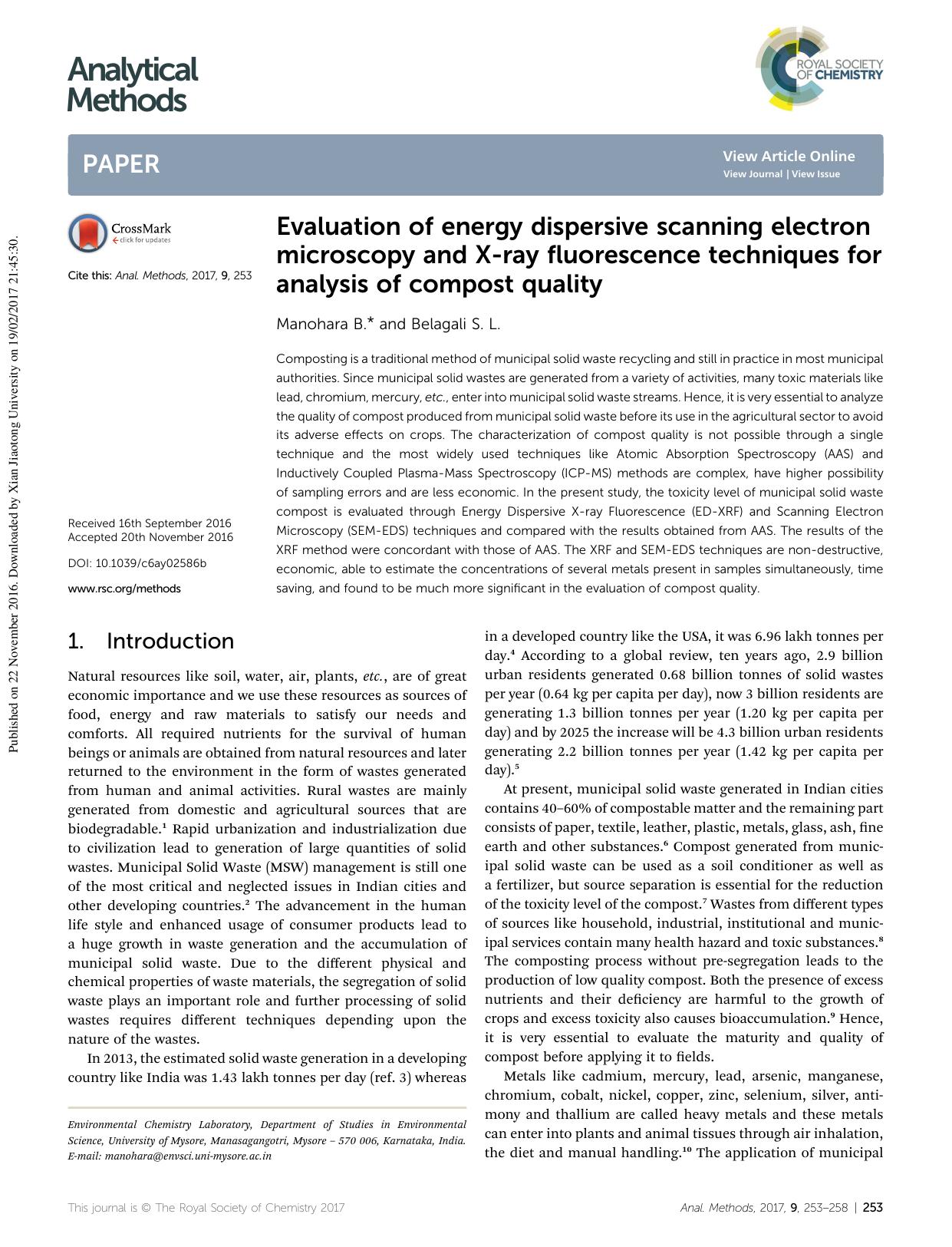 Evaluation of energy dispersive scanning electron microscopy and X-ray fluorescence techniques for analysis of compost quality by Manohara B. & Belagali S. L