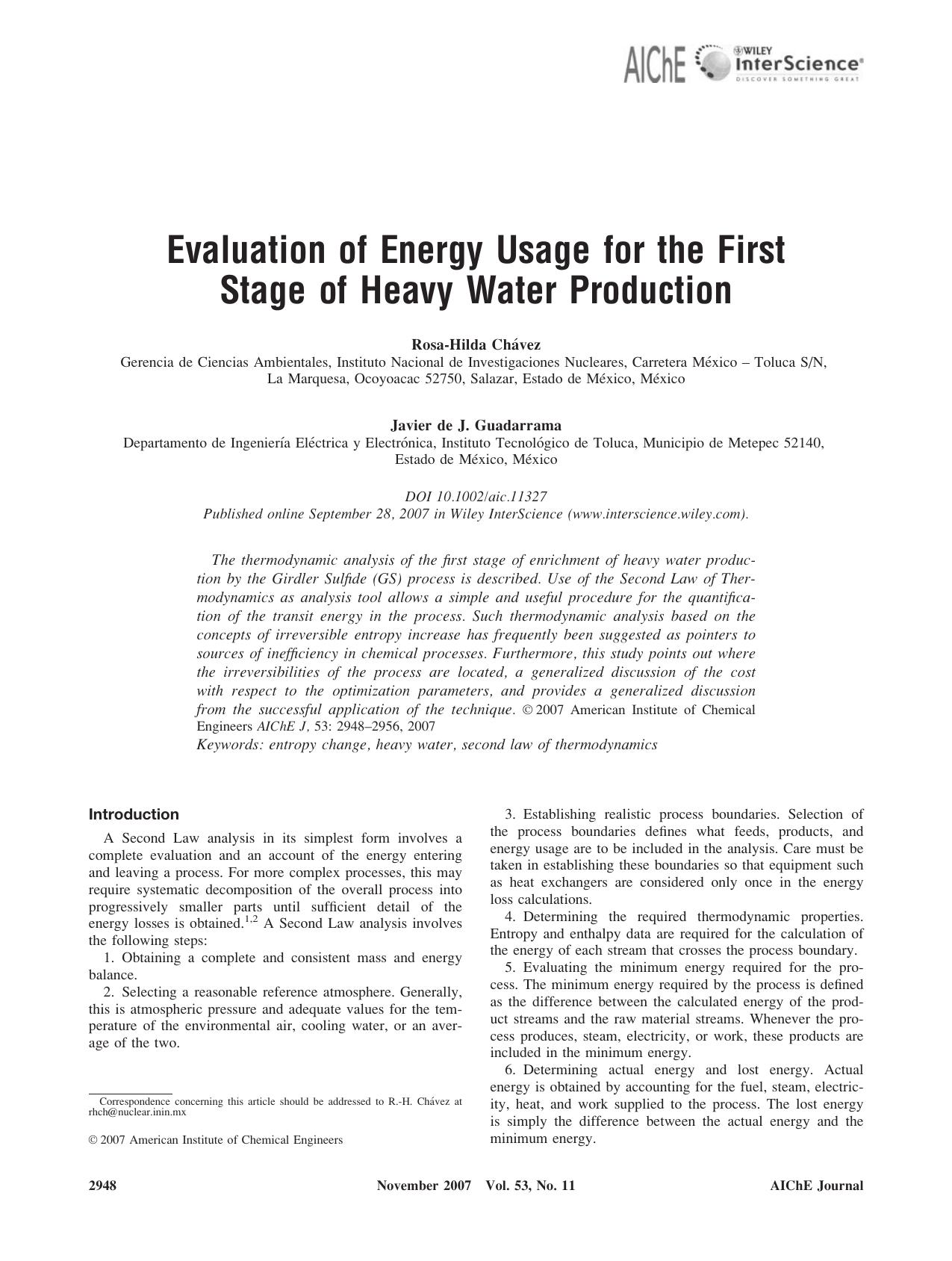 Evaluation of energy usage for the first stage of heavy water production by Unknown