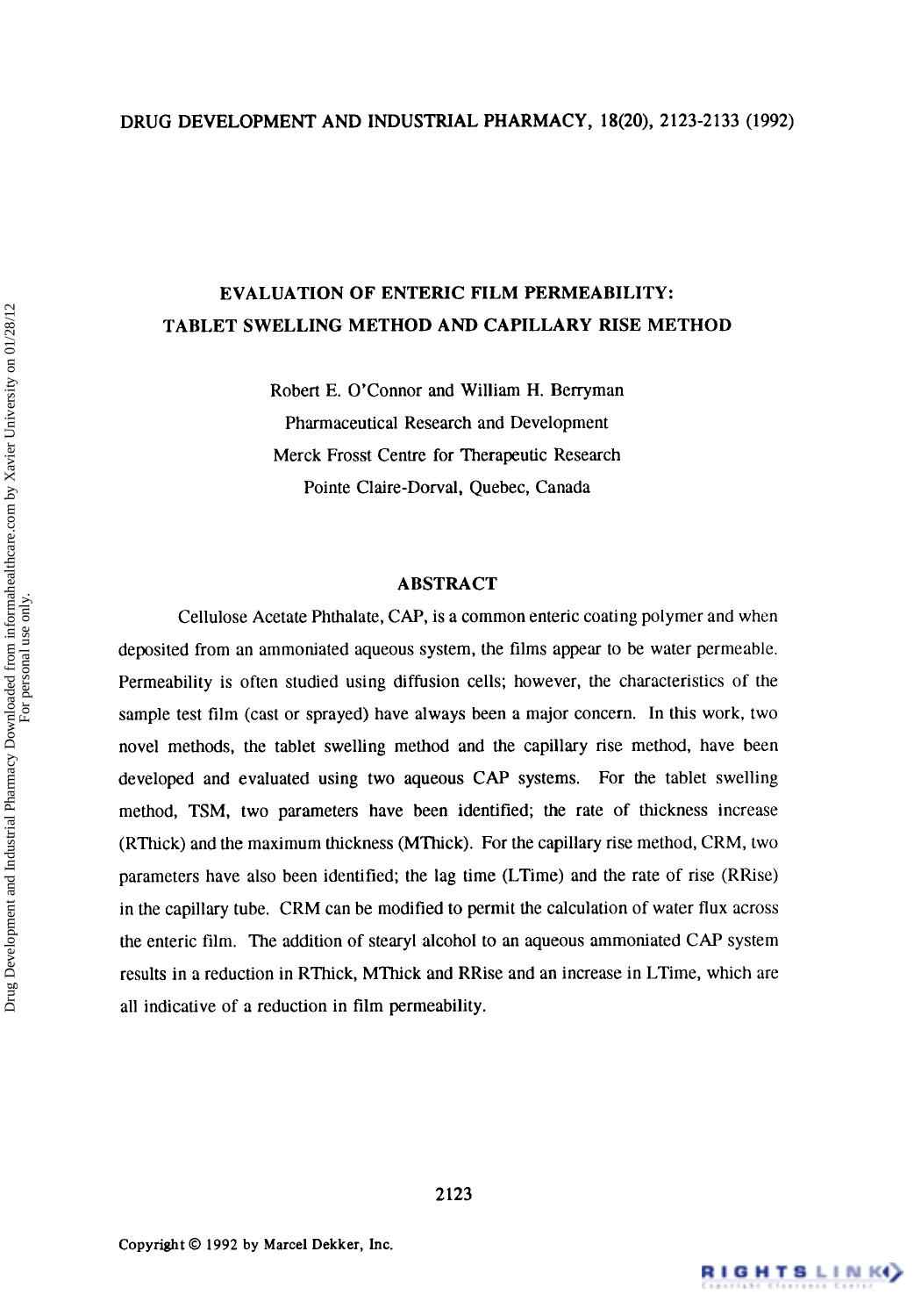Evaluation of enteric film permeability: Tablet swelling method and capillary rise method by Robert E. O'connor & William H. Berryman