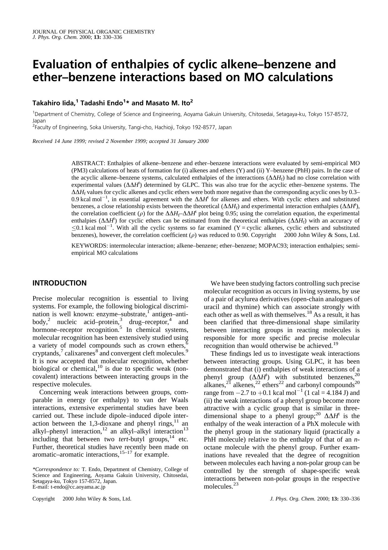 Evaluation of enthalpies of cyclic alkene-benzene and ether-benzene interactions based on MO calculations by Unknown