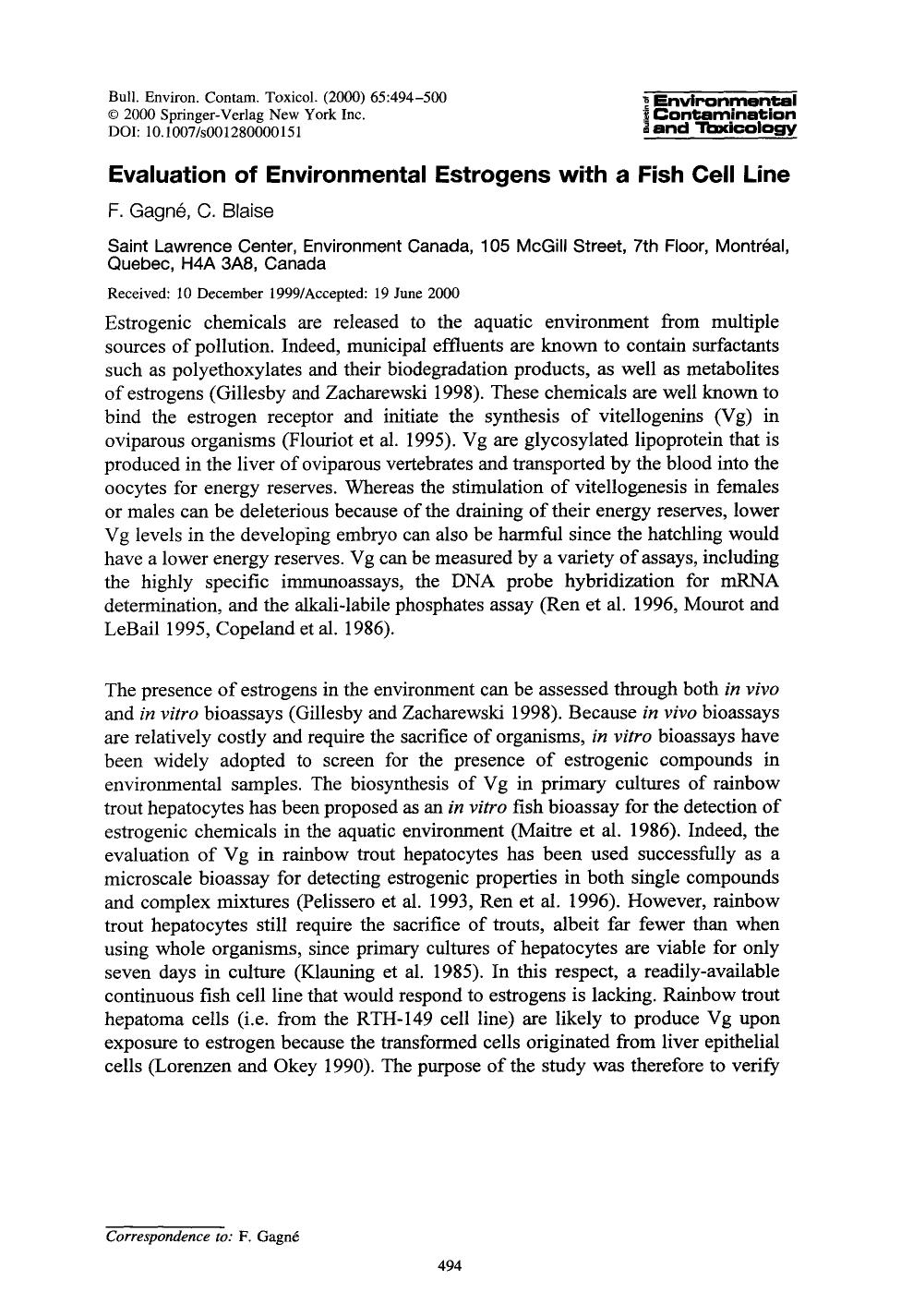 Evaluation of environmental estrogens with a fish cell line by Unknown