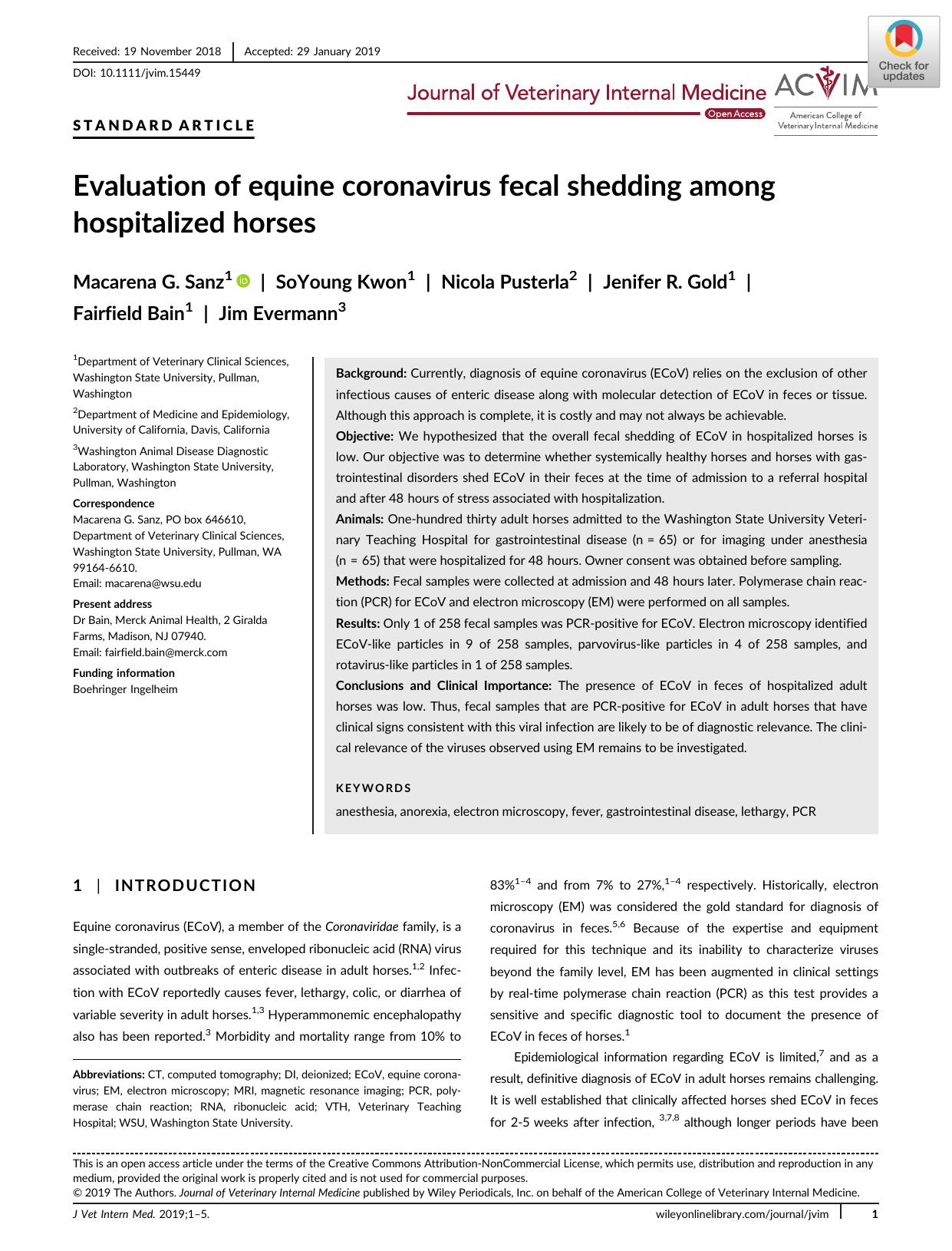 Evaluation of equine coronavirus fecal shedding among hospitalized horses by Unknown