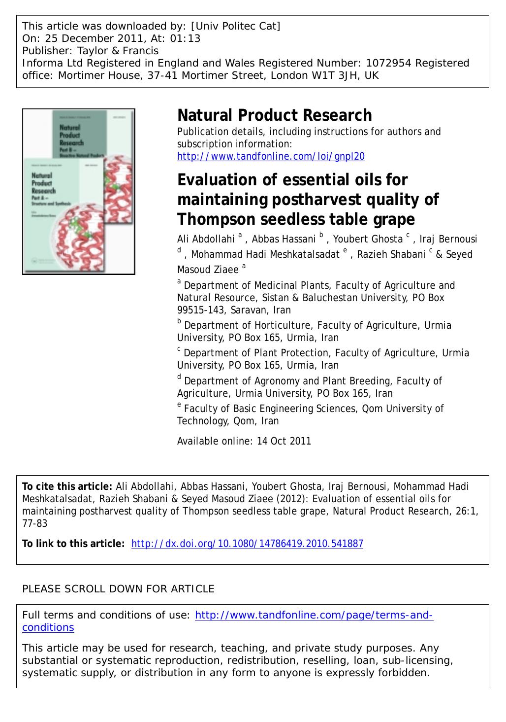 Evaluation of essential oils for maintaining postharvest quality of Thompson seedless table grape by unknow