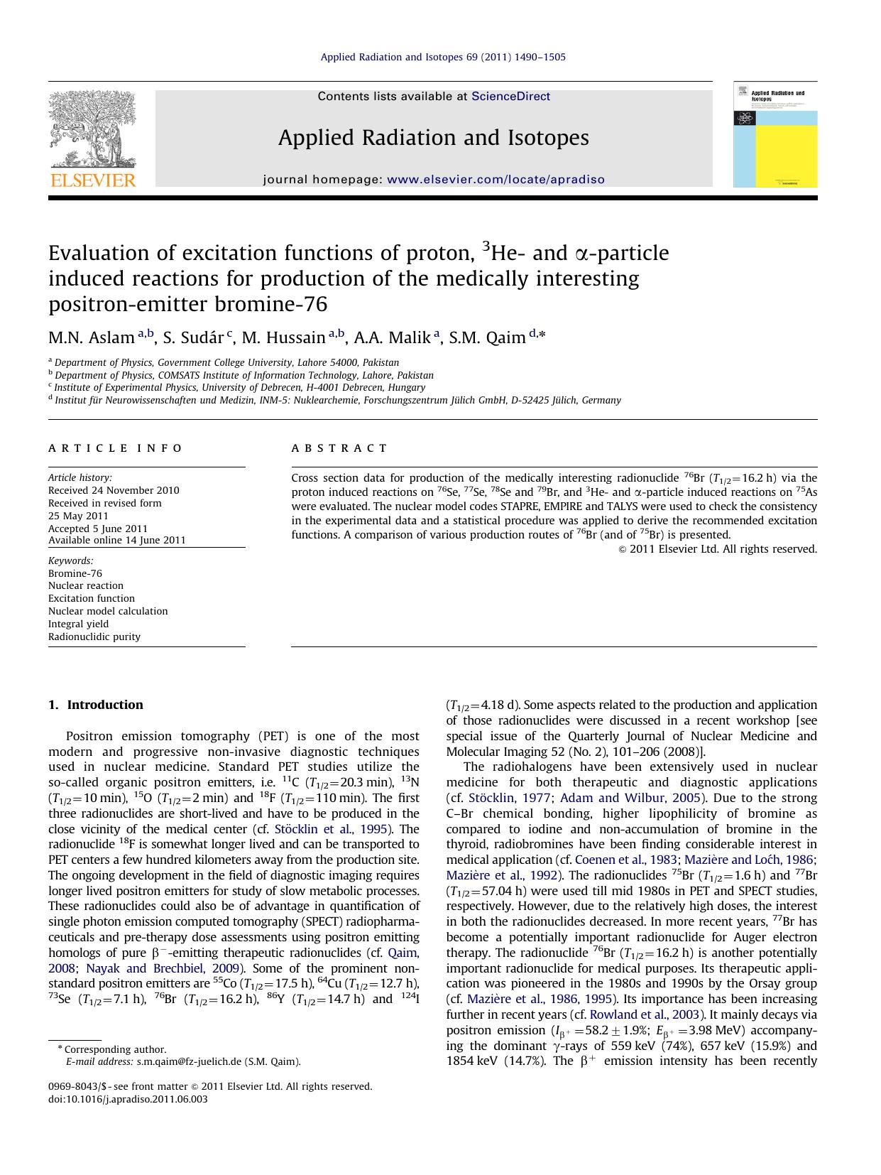 Evaluation of excitation functions of proton, 3He- and Î±-particle induced reactions for production of the medically interesting positron-emitter bromine-76 by M.N. Aslam & S. Sudár & M. Hussain & A.A. Malik & S.M. Qaim