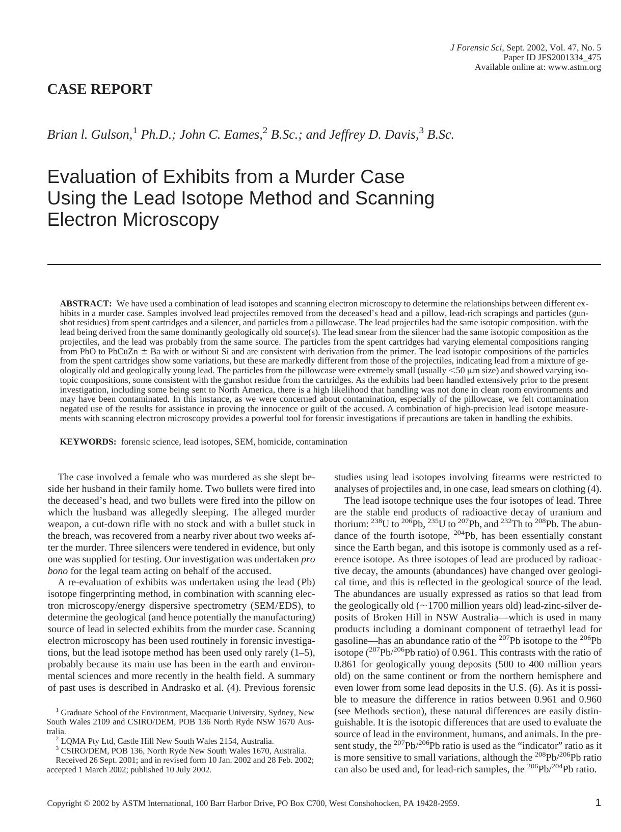 Evaluation of exhibits from a murder case using the lead lsotope method and scanning electron microscopy by Gulson BL Eames JC Davis JD