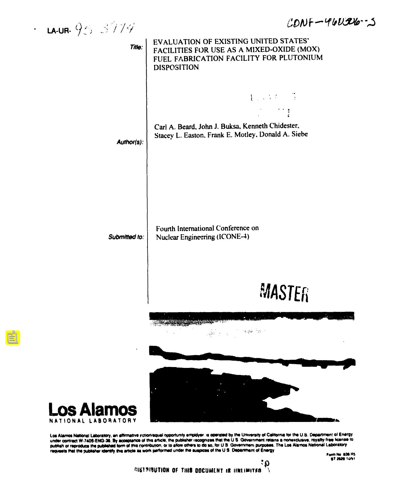 Evaluation of existing United States facilities for use as a mixed-oxide (MOX) fuel fabrication facility for plutonium disposition None by LANL Research Library LWW Project