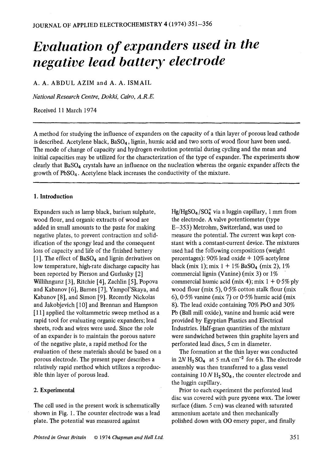 Evaluation of expanders used in the negative lead battery electrode by Unknown