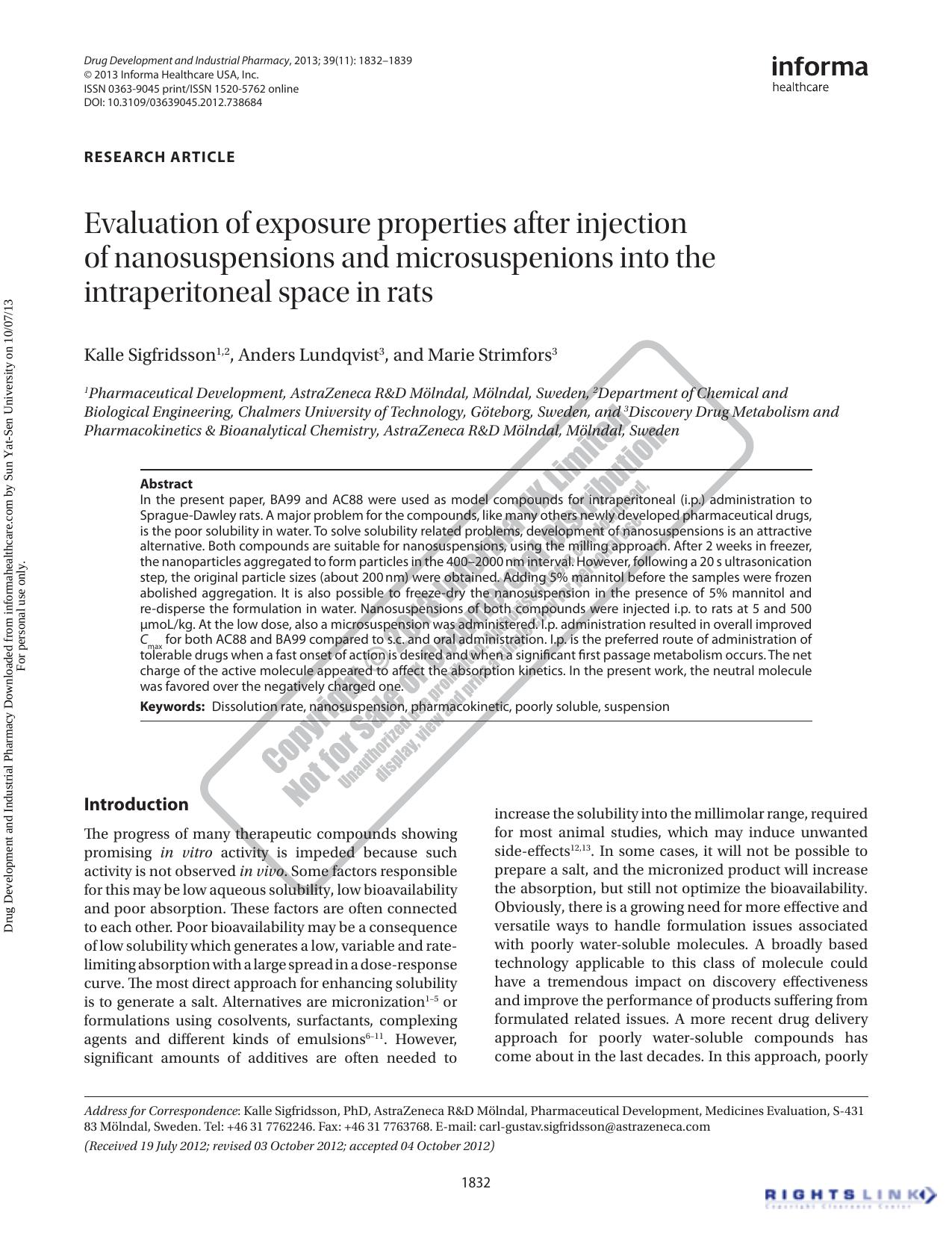 Evaluation of exposure properties after injection of nanosuspensions and microsuspenions into the intraperitoneal space in rats by Kalle Sigfridsson Anders Lundqvist Marie Strimfors
