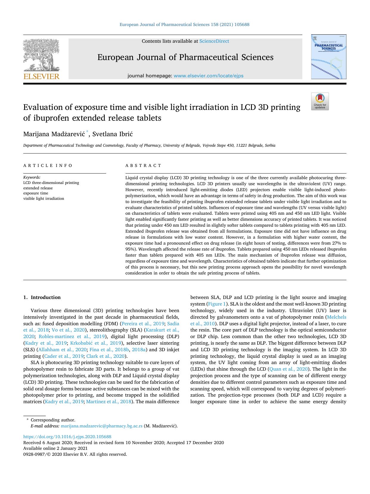 Evaluation of exposure time and visible light irradiation in LCD 3D printing of ibuprofen extended release tablets by Marijana Madžarević
