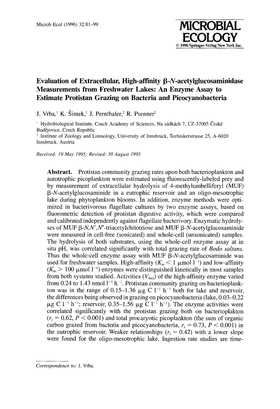 Evaluation of extracellular, high-affinity β-<Emphasis Type="Italic">N<Emphasis>-acetylglucosaminidase measurements from freshwater lakes: An enzyme assay to estimate protis by Unknown