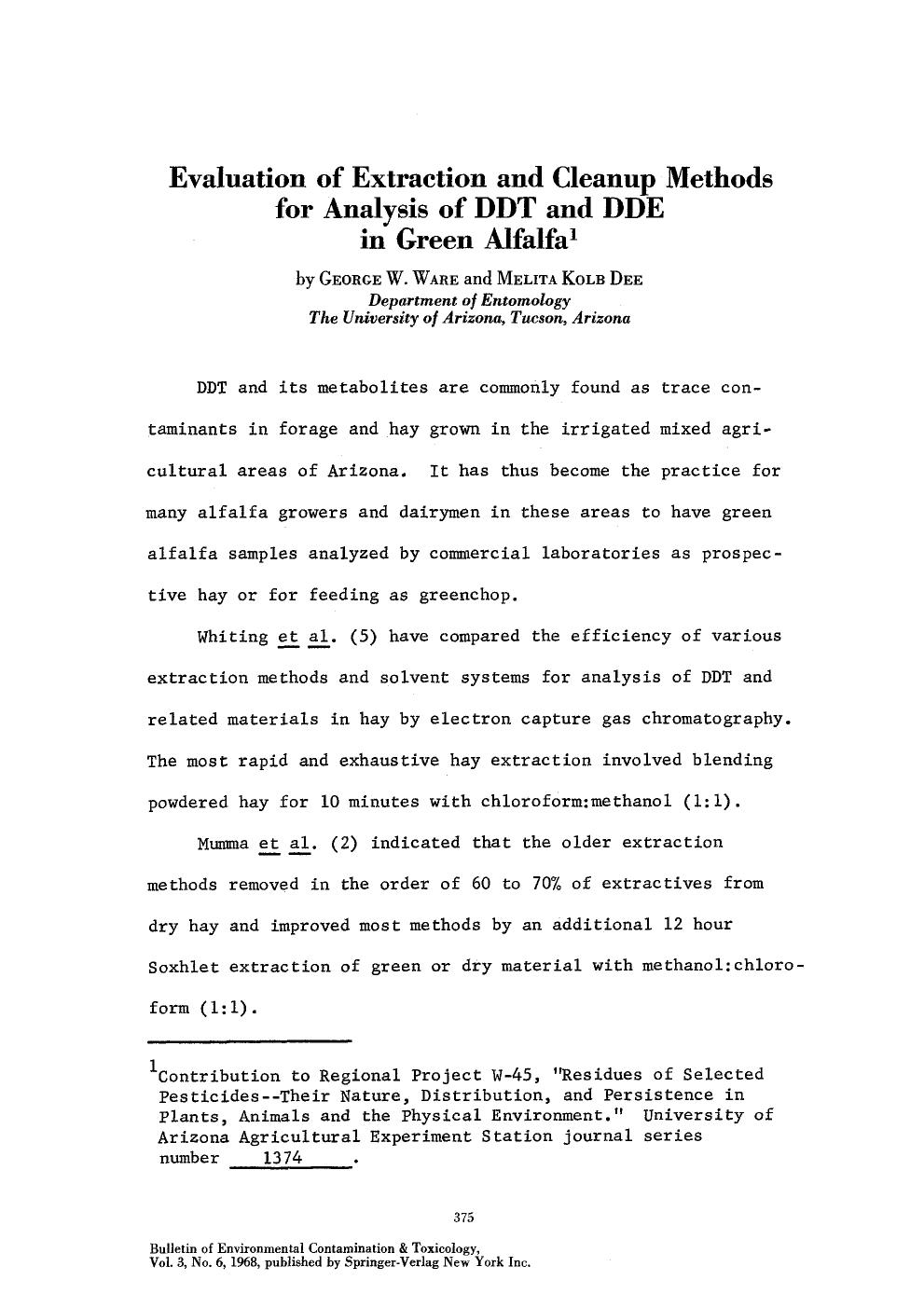 Evaluation of extraction and cleanup methods for analysis of DDT and DDE in green alfalfa by Unknown