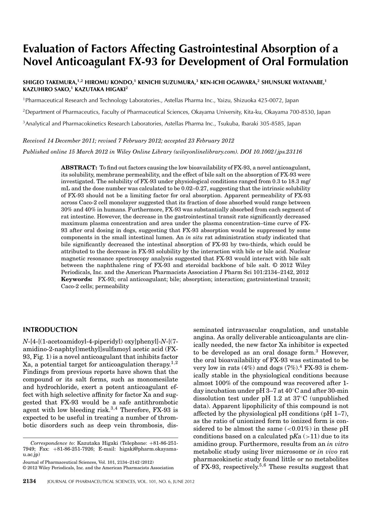 Evaluation of factors affecting gastrointestinal absorption of a novel anticoagulant FX93 for development of oral formulation by Unknown