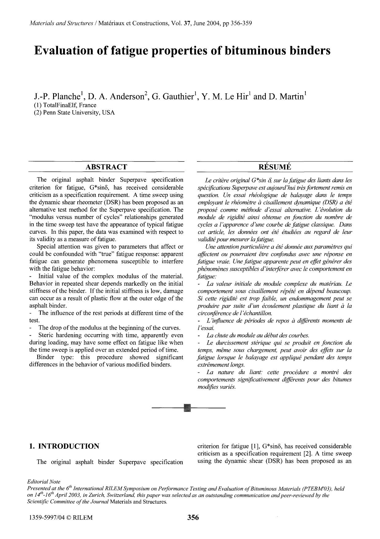 Evaluation of fatigue properties of bituminous binders by Unknown