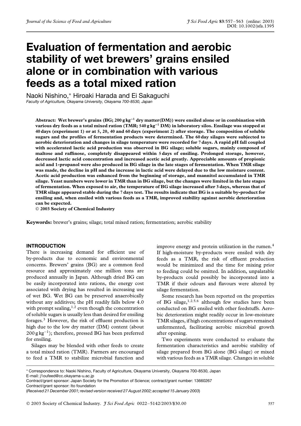 Evaluation of fermentation and aerobic stability of wet brewers' grains ensiled alone or in combination with various feeds as a total mixed ration by Unknown