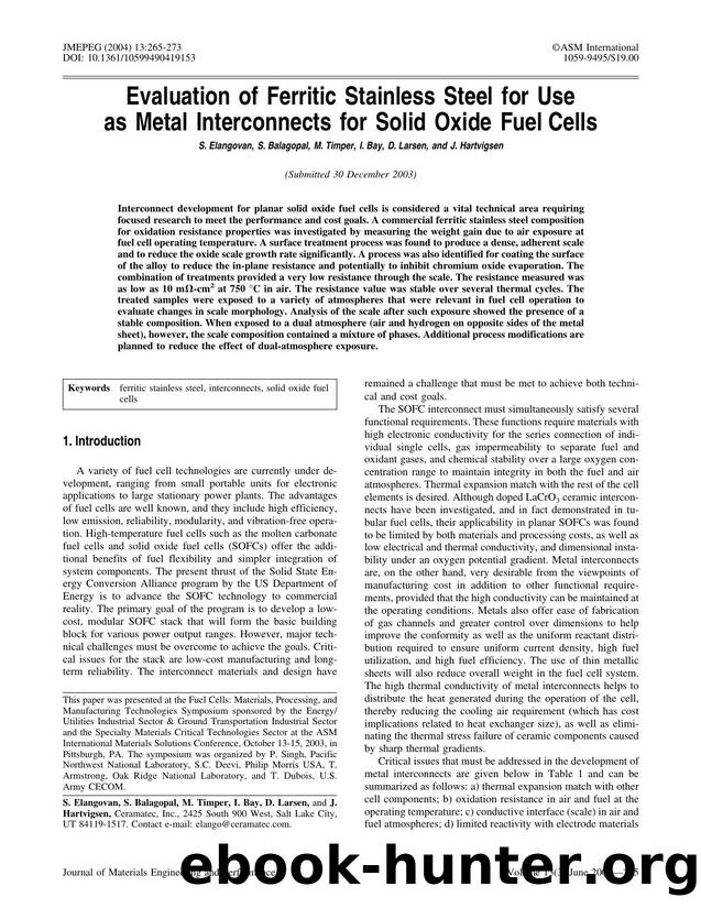 Evaluation of ferritic stainless steel for use as metal interconnects for solid oxide fuel cells by Unknown