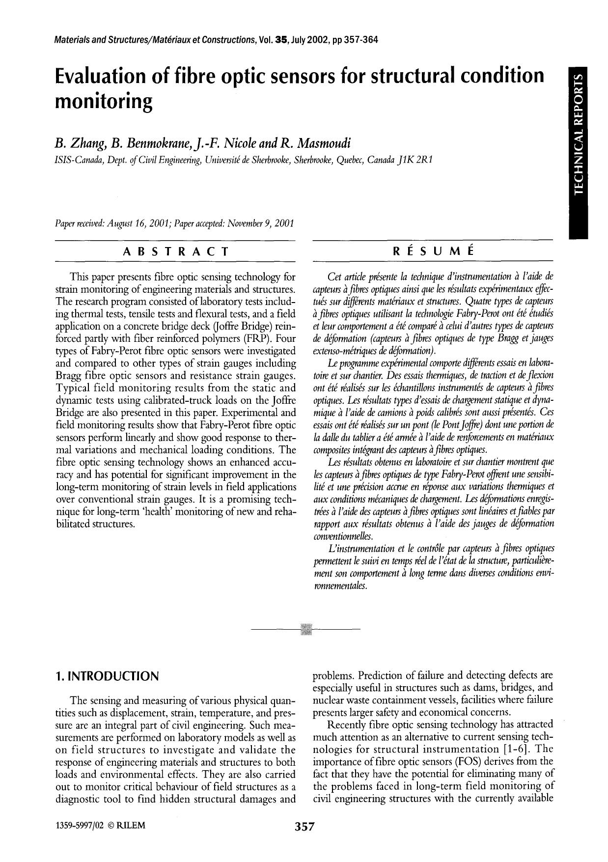 Evaluation of fibre optic sensors for structural condition monitoring by Unknown