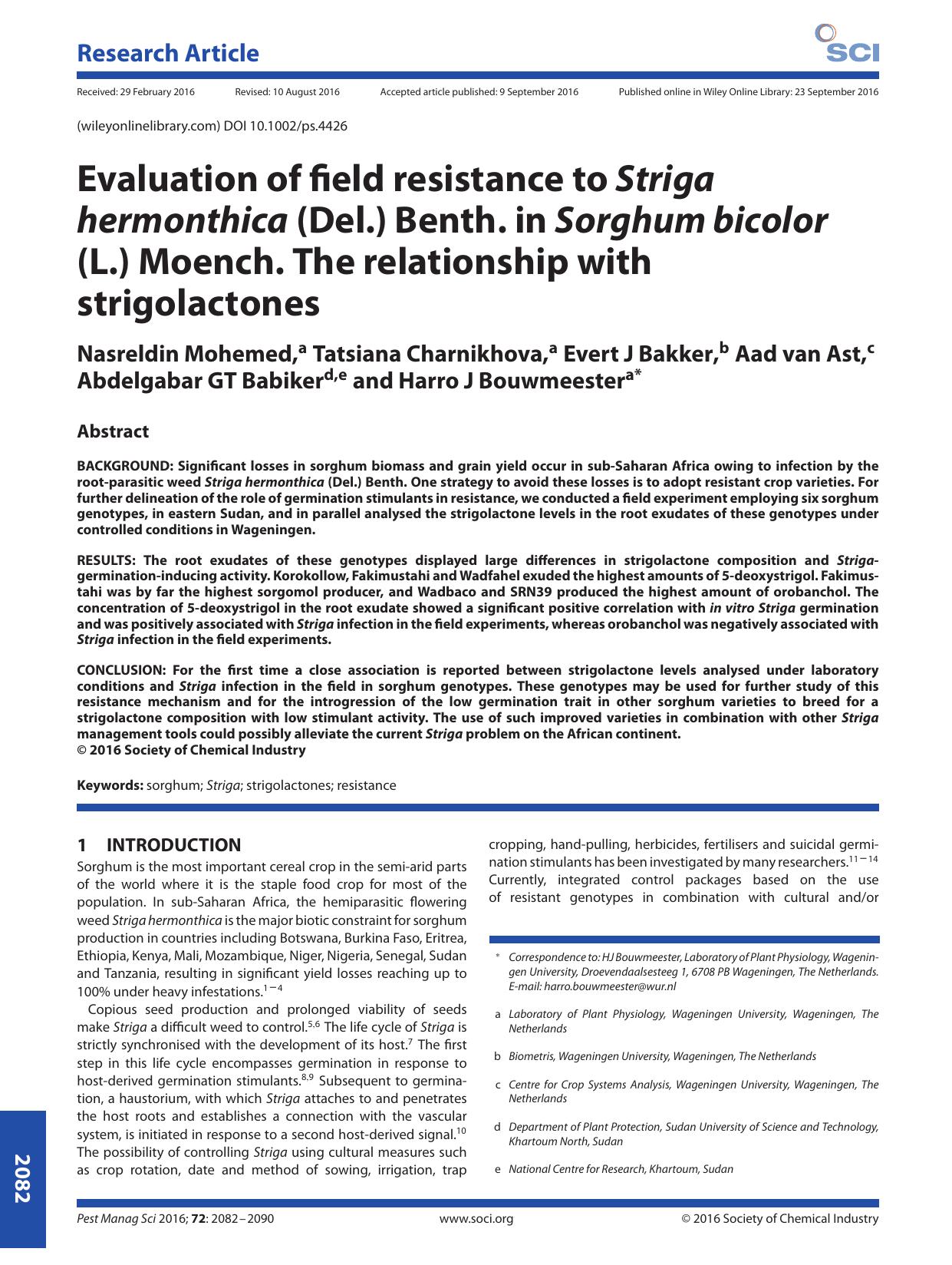 Evaluation of field resistance to Striga hermonthica (Del.) Benth. in Sorghum bicolor (L.) Moench. The relationship with strigolactones by Unknown