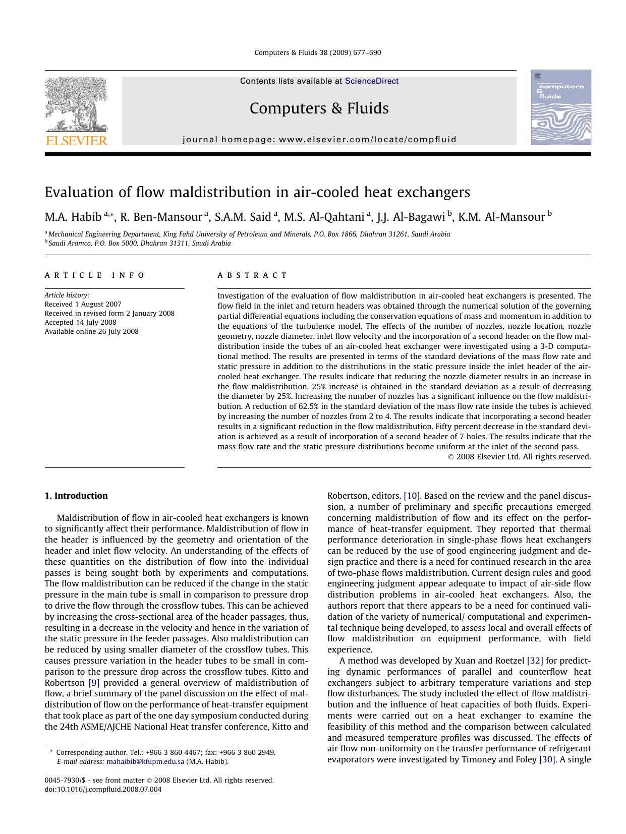 Evaluation of flow maldistribution in air-cooled heat exchangers by M.A. Habib; R. Ben-Mansour; S.A.M. Said; M.S. Al-Qahtani; J.J. Al-Bagawi; K.M. Al-Mansour