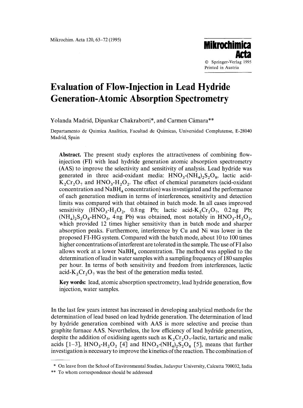 Evaluation of flow-injection in lead hydride generation-atomic absorption spectrometry by Unknown