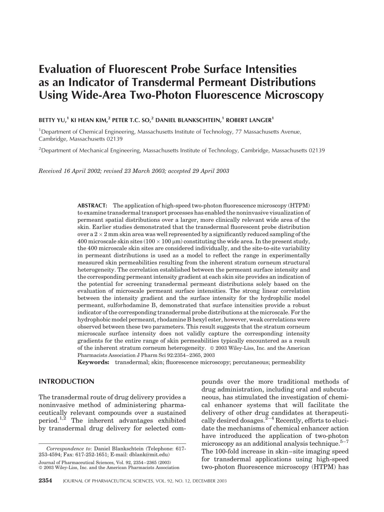 Evaluation of fluorescent probe surface intensities as an indicator of transdermal permeant distributions using wide-area two-photon fluorescence microscopy by Unknown