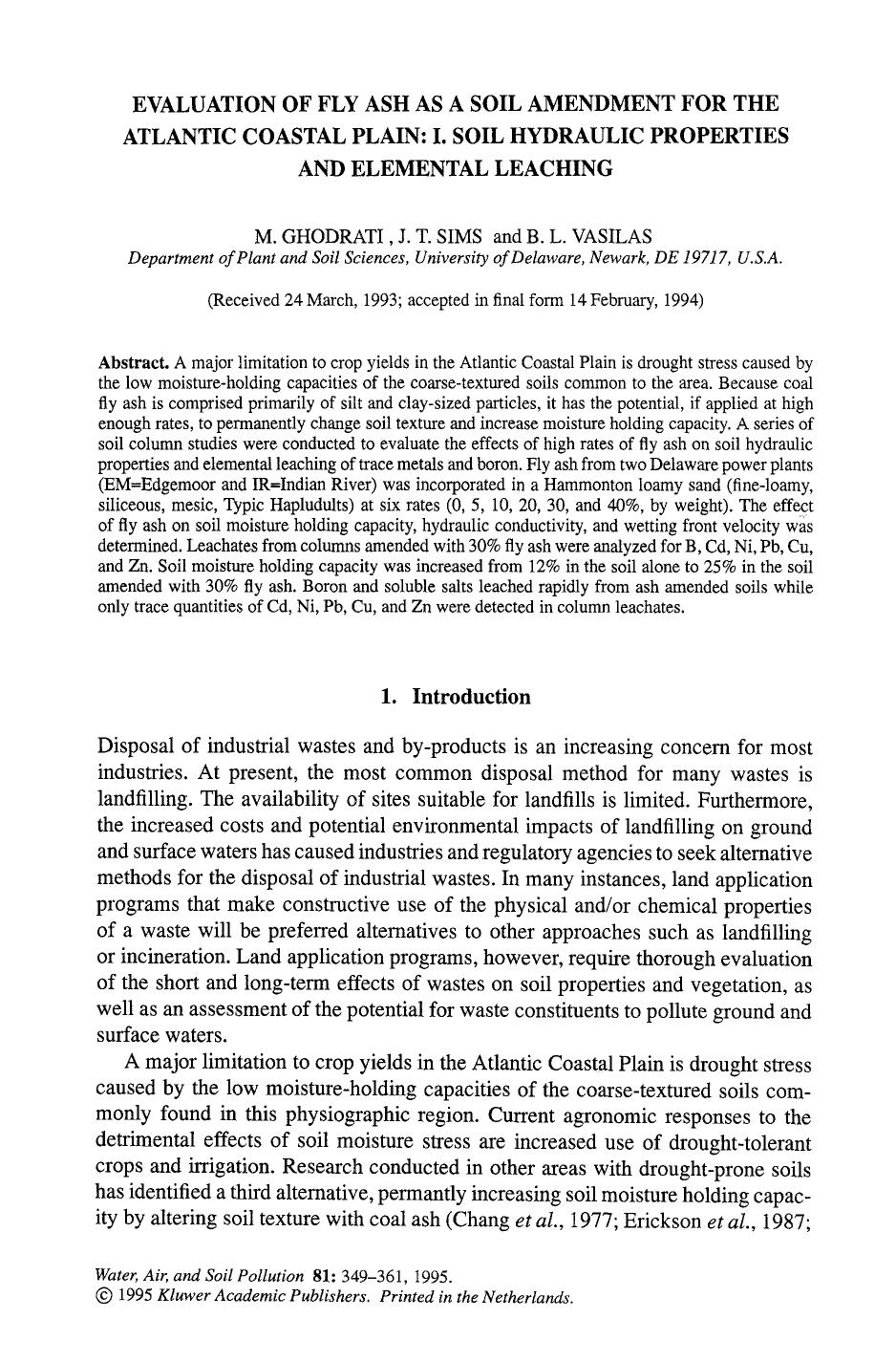 Evaluation of fly ash as a soil amendment for the Atlantic Coastal Plain: I. Soil hydraulic properties and elemental leaching by Unknown