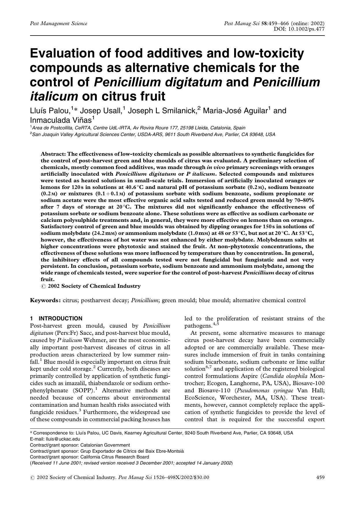 Evaluation of food additives and low-toxicity compounds as alternative chemicals for the control of Penicillium digitatum and Penicillium italicum on citrus fruit by Unknown