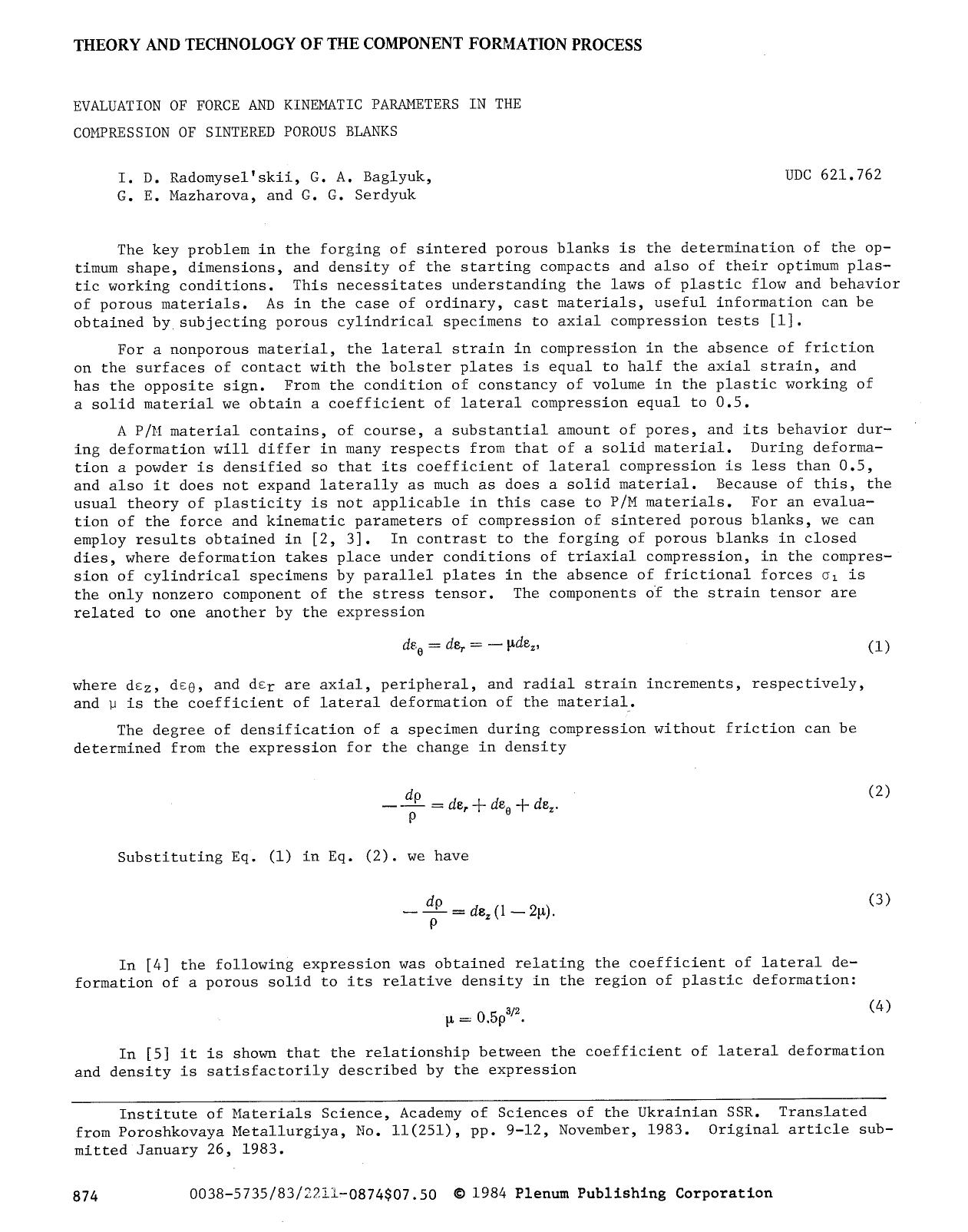 Evaluation of force and kinematic parameters in the compression of sintered porous blanks by Unknown