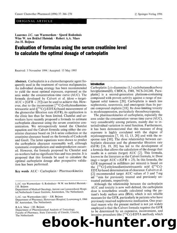 Evaluation of formulas using the serum creatinine level to calculate the optimal dosage of carboplatin by Unknown