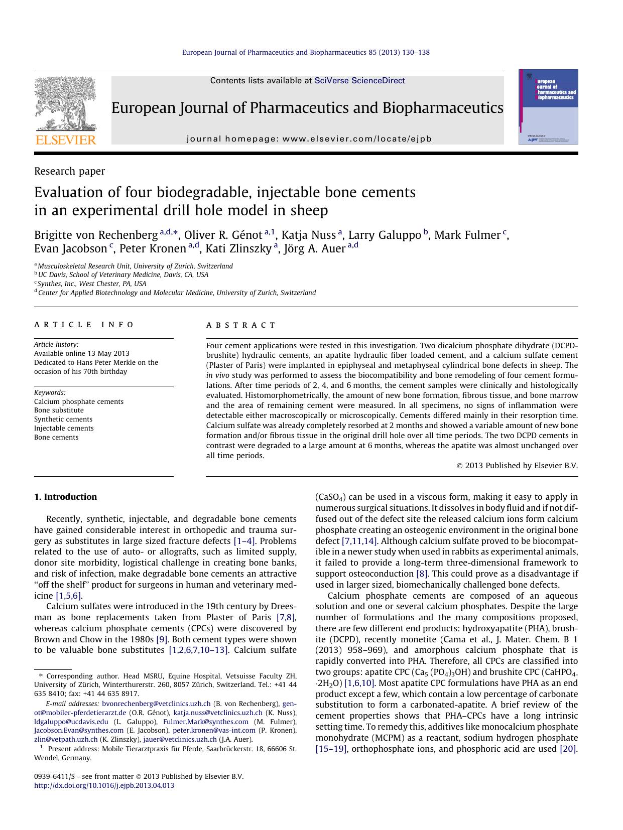 Evaluation of four biodegradable, injectable bone cements in an experimental drill hole model in sheep by unknow