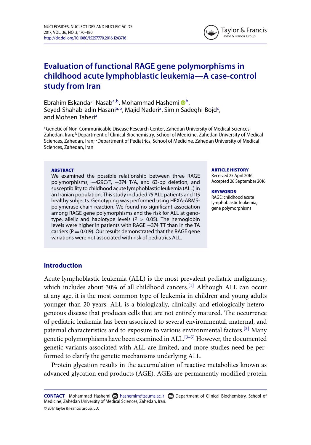 Evaluation of functional RAGE gene polymorphisms in childhood acute lymphoblastic leukemia---A case-control study from Iran by unknow