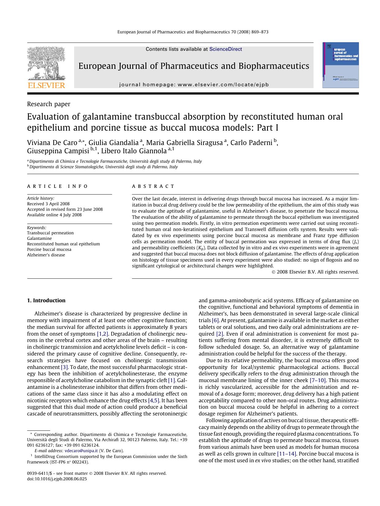 Evaluation of galantamine transbuccal absorption by reconstituted human oral epithelium and porcine tissue as buccal mucosa models: Part I by unknow