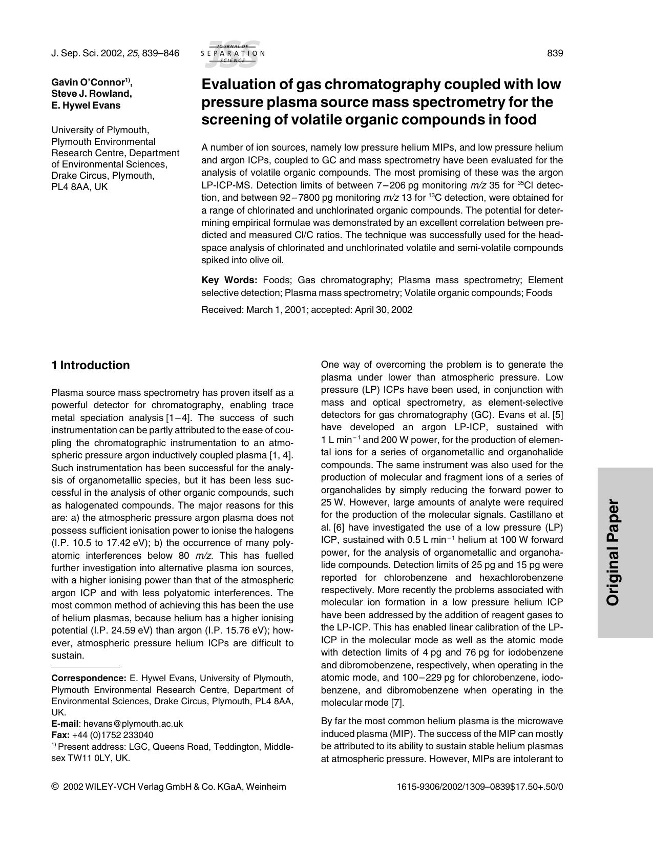 Evaluation of gas chromatography coupled with low pressure plasma source mass spectrometry for the screening of volatile organic compounds in food by Unknown