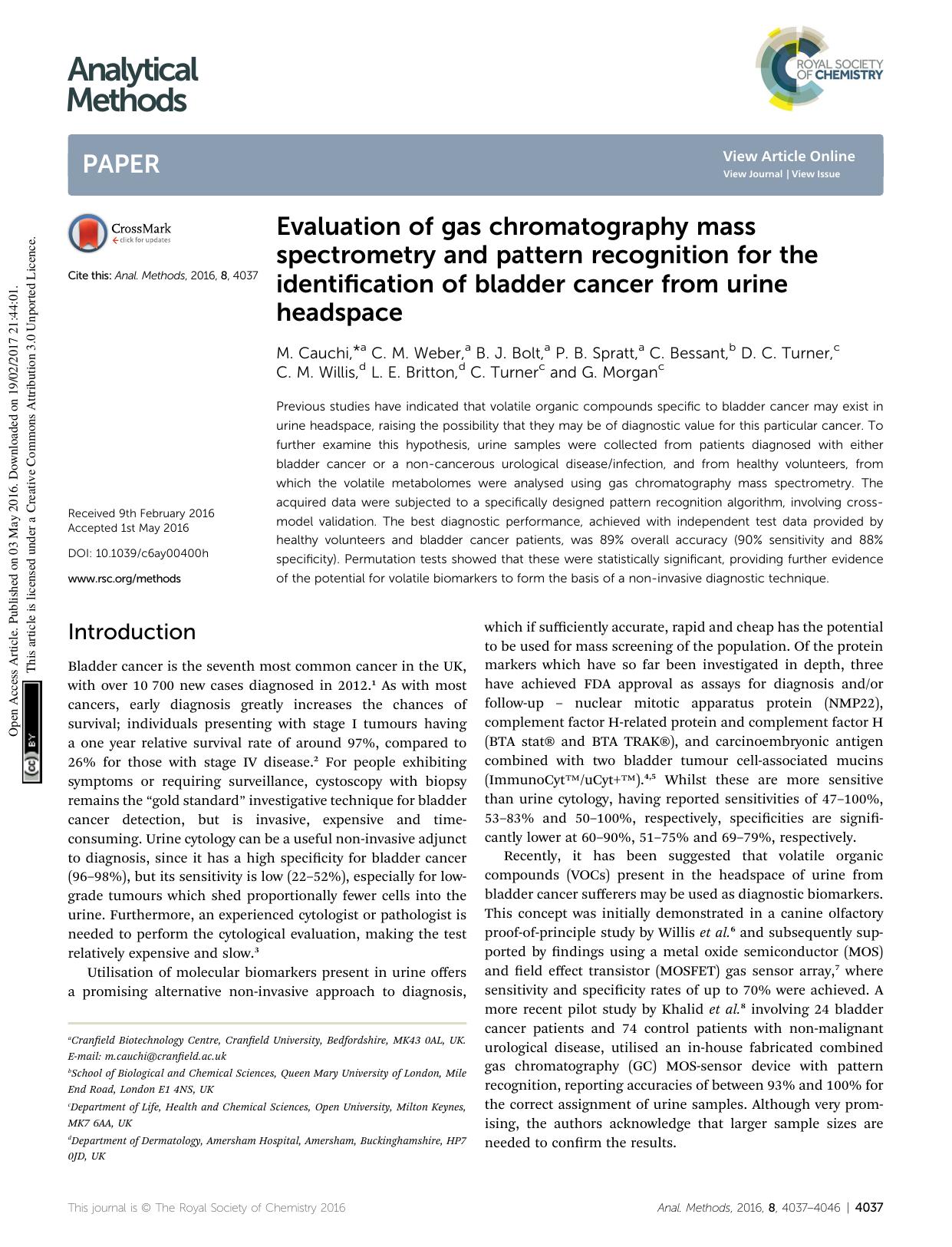Evaluation of gas chromatography mass spectrometry and pattern recognition for the identification of bladder cancer from urine headspace by unknow