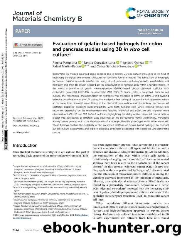 Evaluation of gelatin-based hydrogels for colon and pancreas studies using 3D in vitro cell culture by unknow