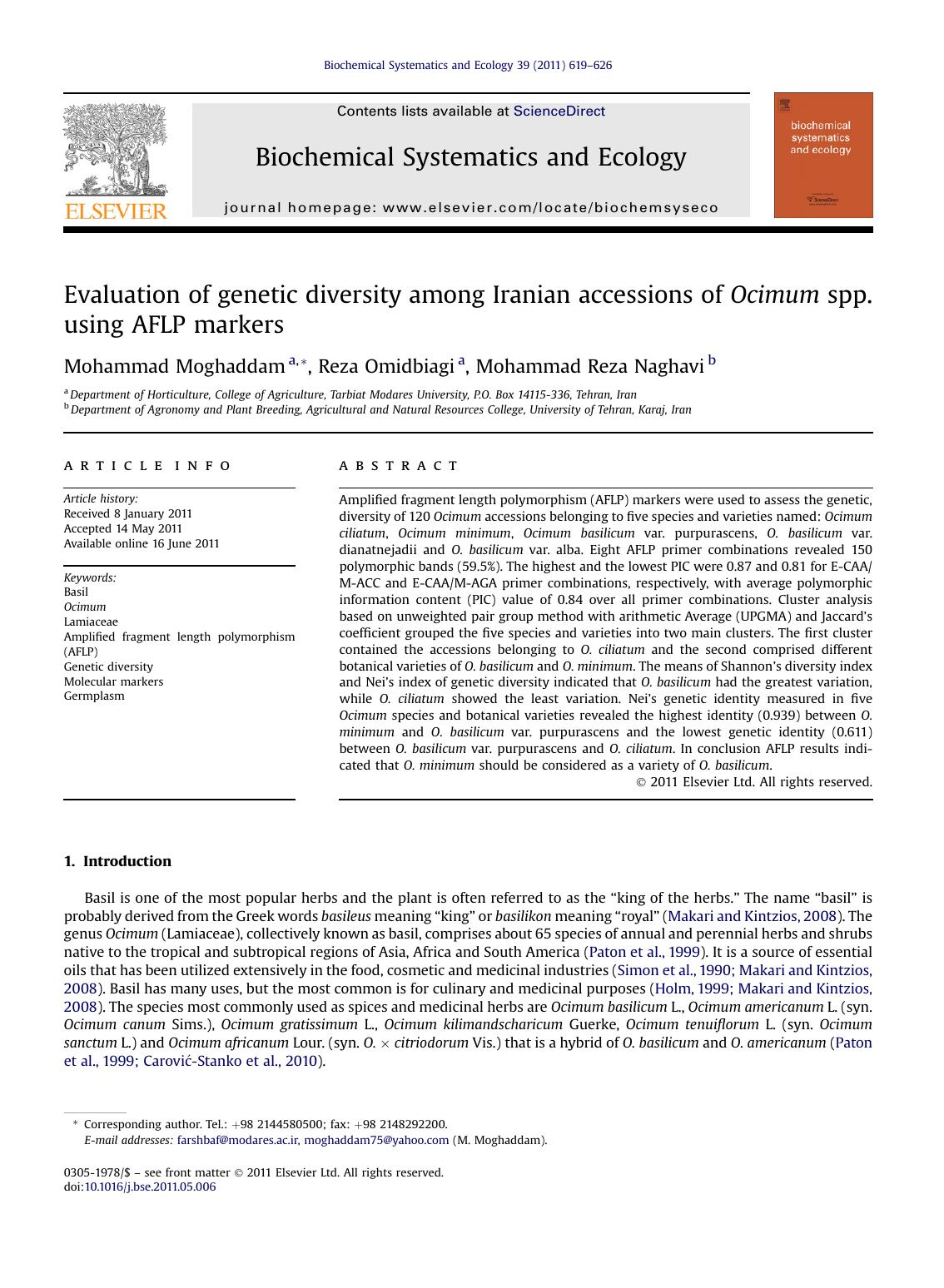 Evaluation of genetic diversity among Iranian accessions of Ocimum spp. using AFLP markers by Mohammad Moghaddam & Reza Omidbiagi & Mohammad Reza Naghavi
