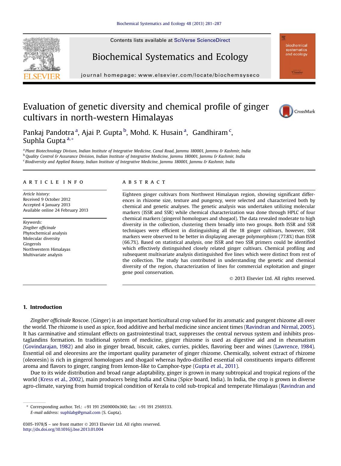 Evaluation of genetic diversity and chemical profile of ginger cultivars in north-western Himalayas by Pankaj Pandotra & Ajai P. Gupta & Mohd. K. Husain & Gandhiram & Suphla Gupta
